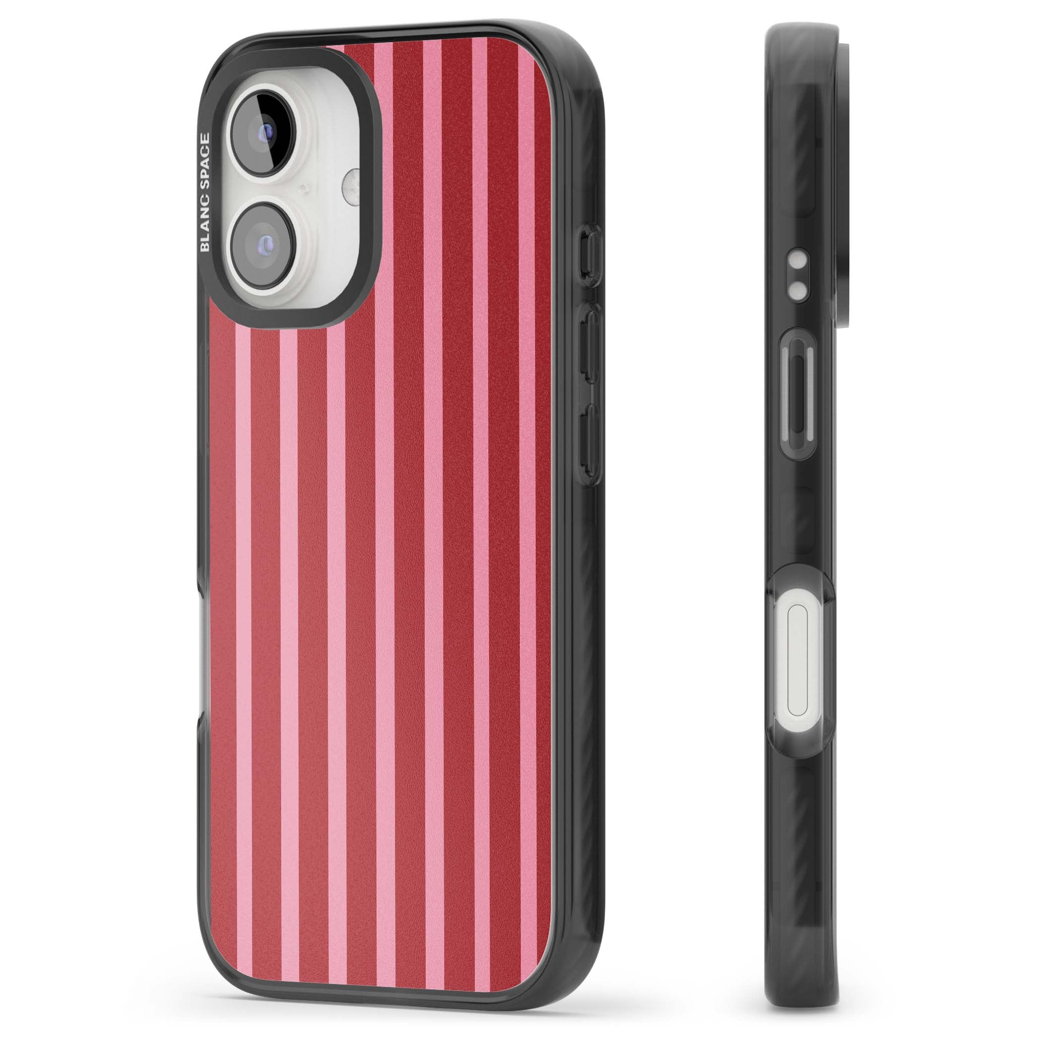 Raspberry Stripe coquette iPhone case featuring red and pink vertical stripes in a candy-inspired pattern | Black Impact case for iPhone 16, iPhone 16 Plus