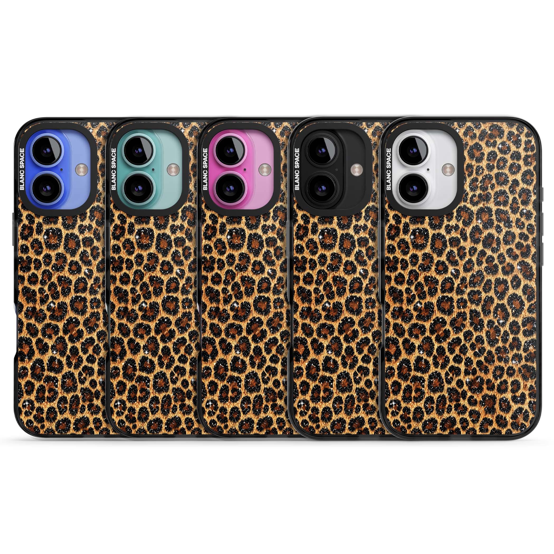 Diamond Leopard leopard print iPhone case featuring golden tan fur, black rosette spots and subtle glitter sparkle | Black Impact case for iPhone 16, iPhone 16 Plus