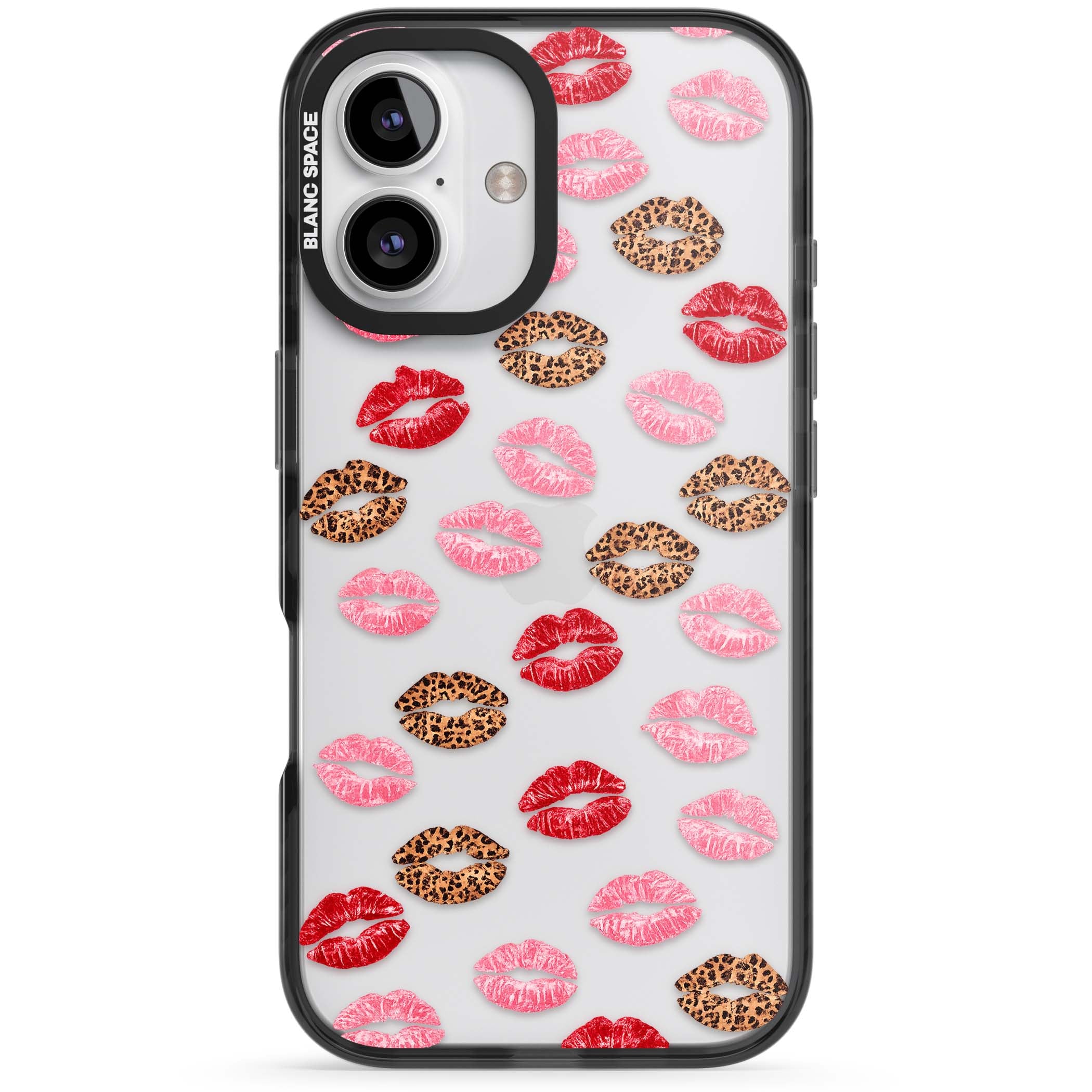Wild Kisses coquette iPhone case featuring red, pink and leopard print lipstick kiss marks on a clear background | Black Impact case for iPhone 16, iPhone 16 Plus