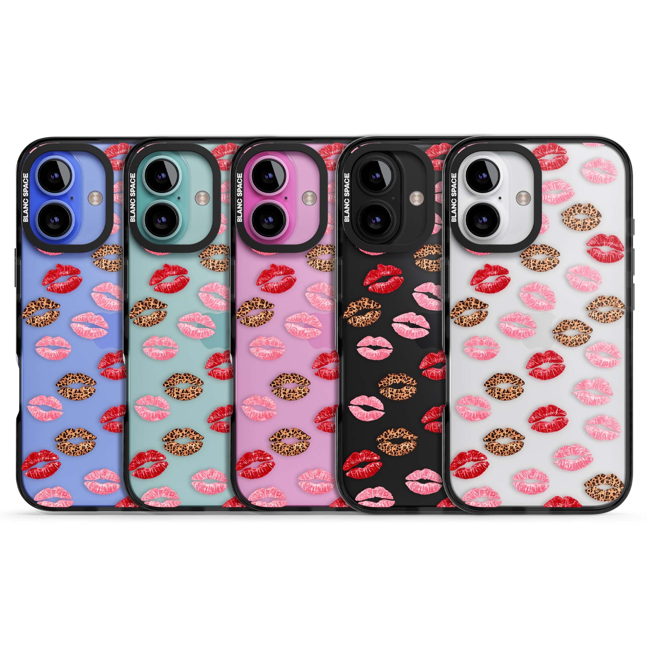 Wild Kisses coquette iPhone case featuring red, pink and leopard print lipstick kiss marks on a clear background | Black Impact case for iPhone 16, iPhone 16 Plus