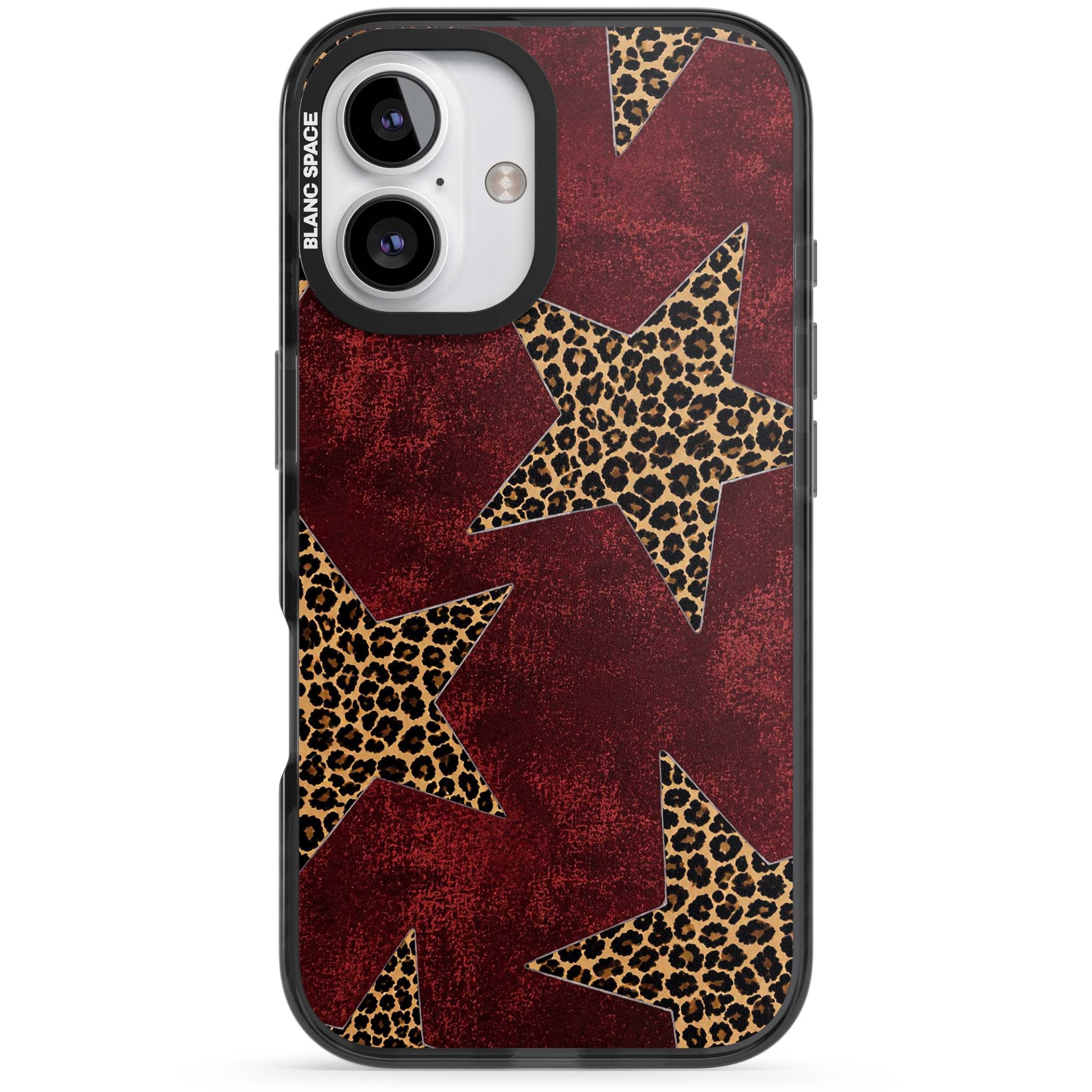 Showgirl leopard print iPhone case featuring cheetah print stars on distressed red grunge background | Black Impact case for iPhone 16, iPhone 16 Plus