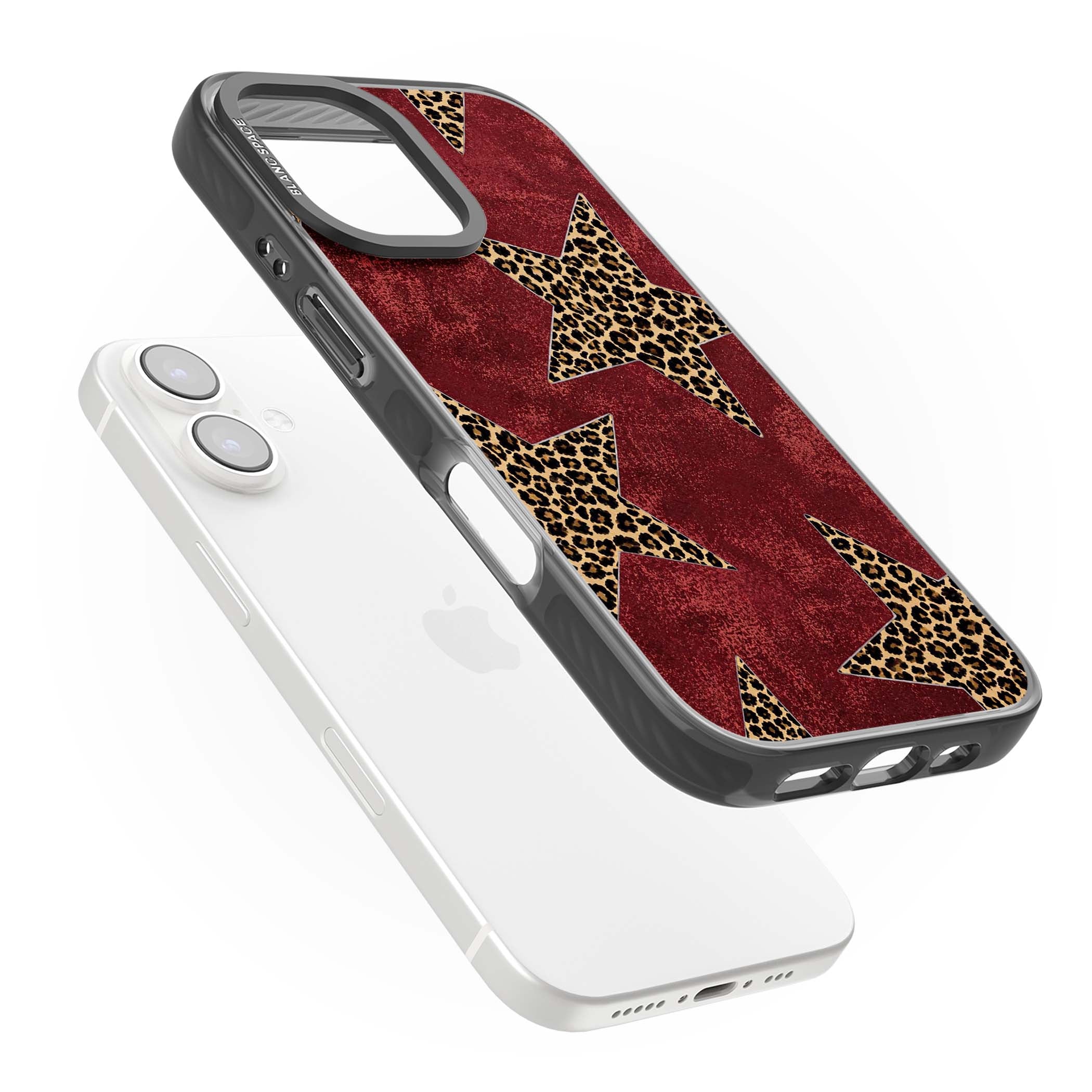 Showgirl leopard print iPhone case featuring cheetah print stars on distressed red grunge background | Black Impact case for iPhone 16, iPhone 16 Plus