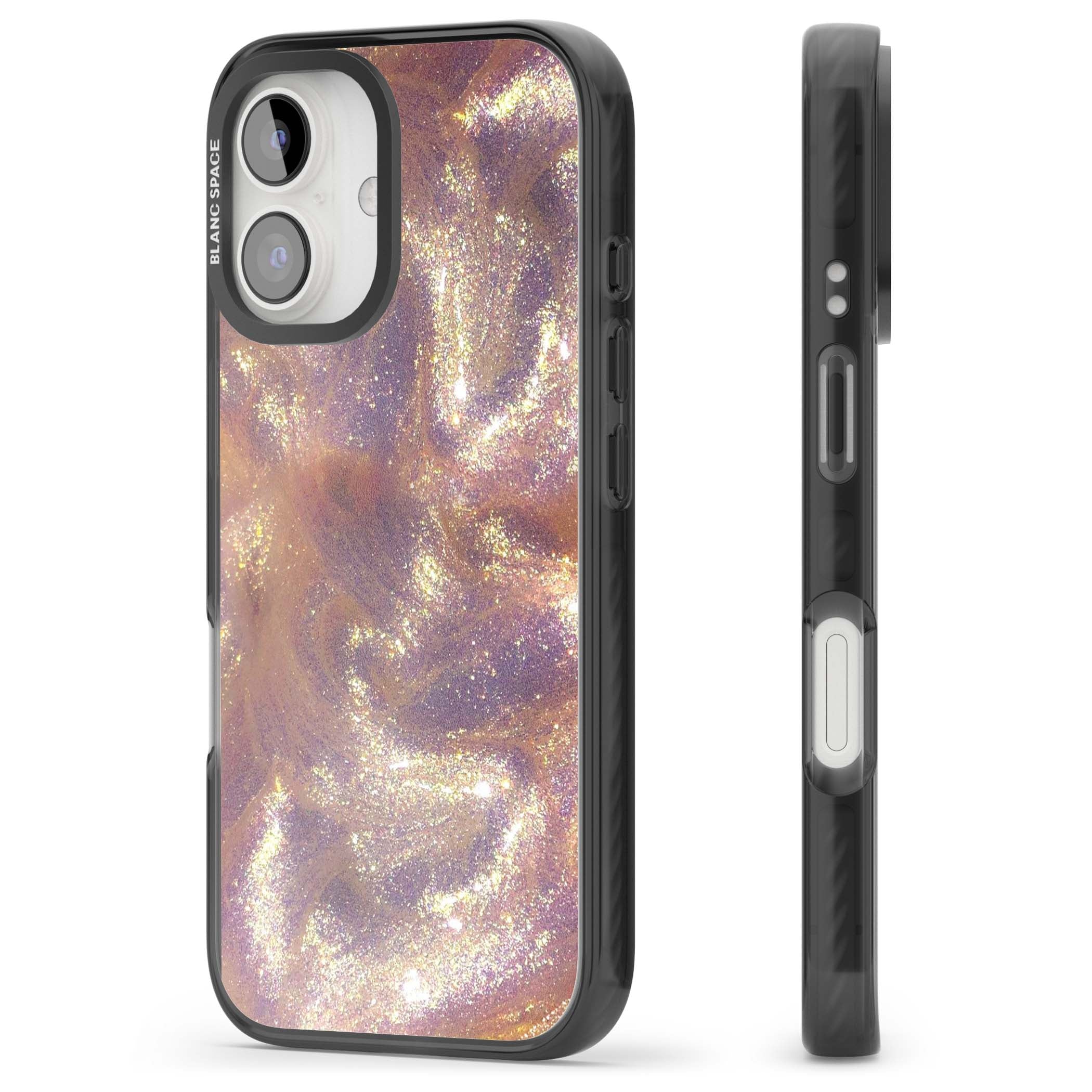 Shimmer marble iPhone case featuring rose gold glitter swirls, lilac shimmer and iridescent pearl finish | Black Impact case for iPhone 16, iPhone 16 Plus