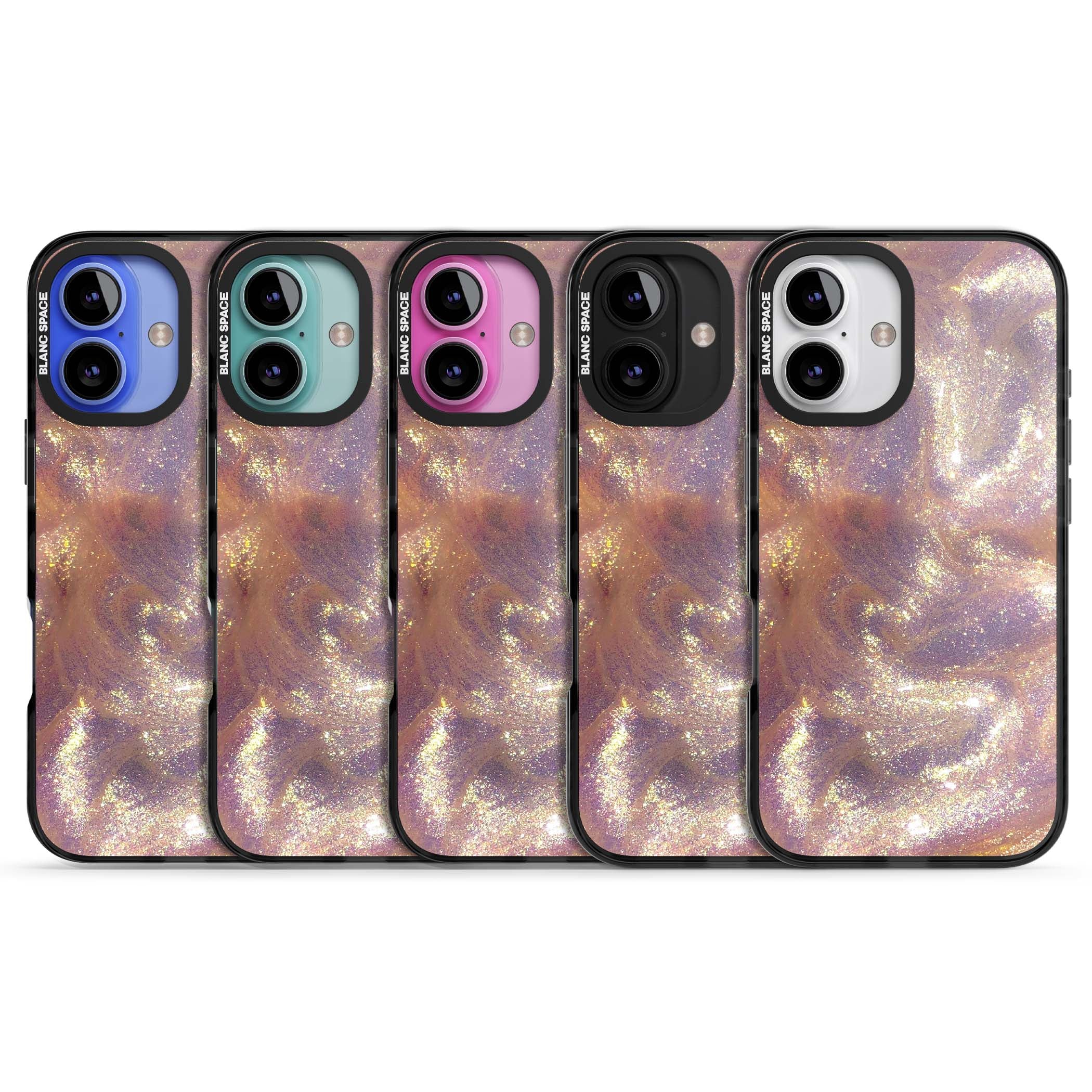 Shimmer marble iPhone case featuring rose gold glitter swirls, lilac shimmer and iridescent pearl finish | Black Impact case for iPhone 16, iPhone 16 Plus