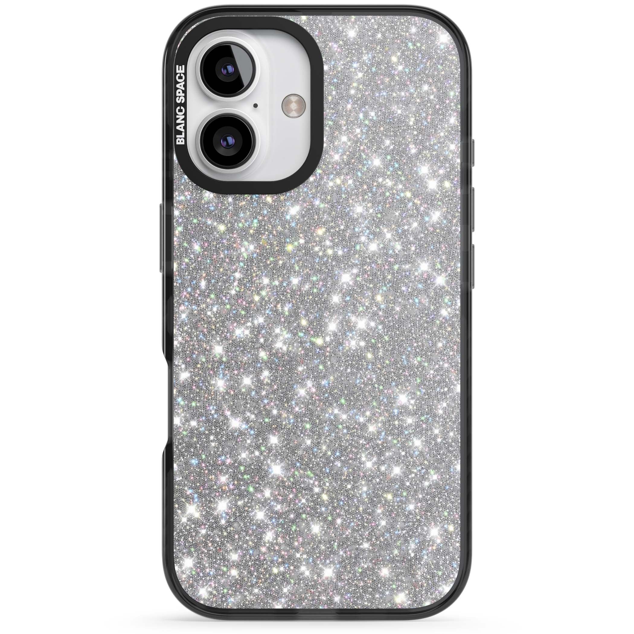 Diamond glam iPhone case featuring silver glitter sparkle and shimmering diamond dust effect | Black Impact case for iPhone 16, iPhone 16 Plus