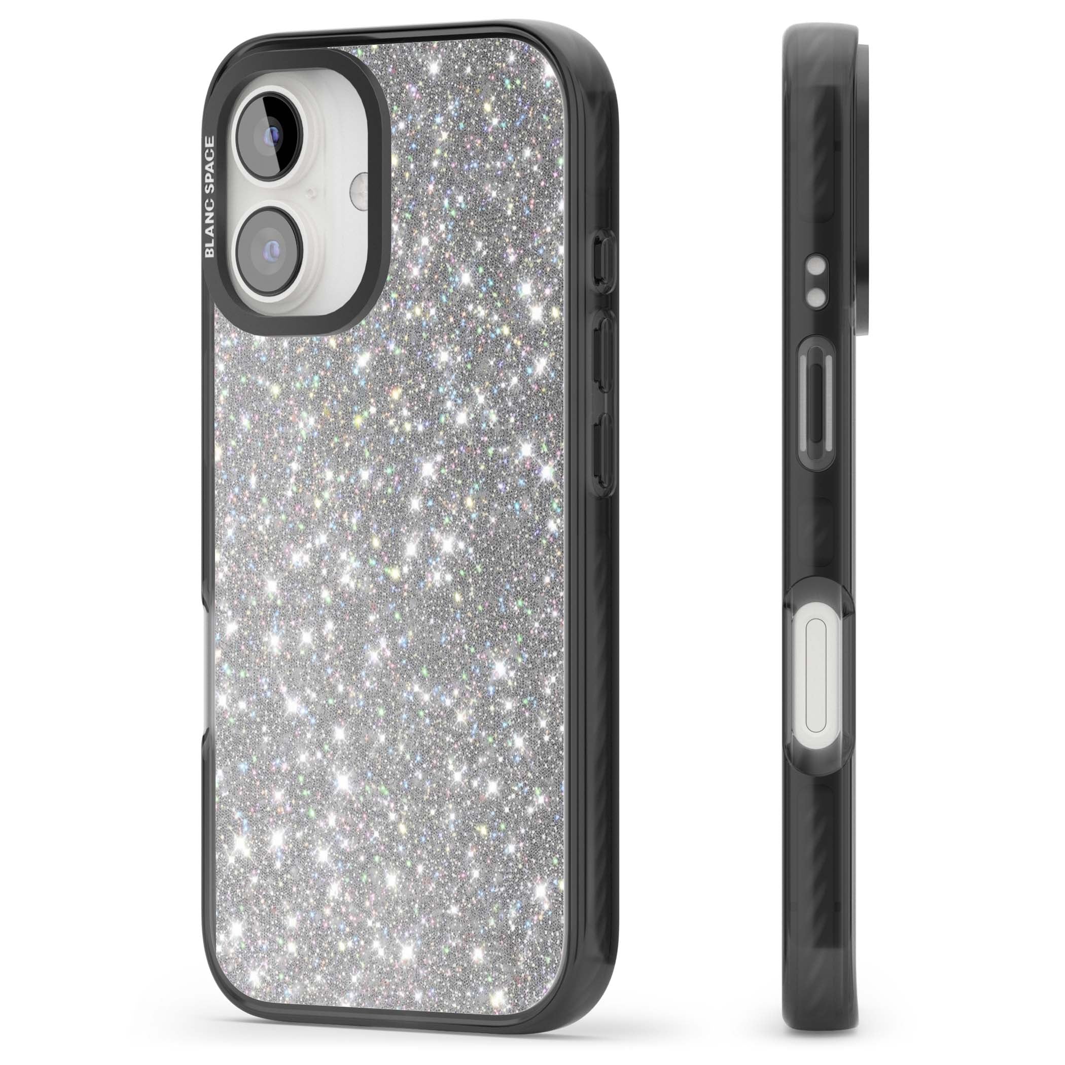Diamond glam iPhone case featuring silver glitter sparkle and shimmering diamond dust effect | Black Impact case for iPhone 16, iPhone 16 Plus