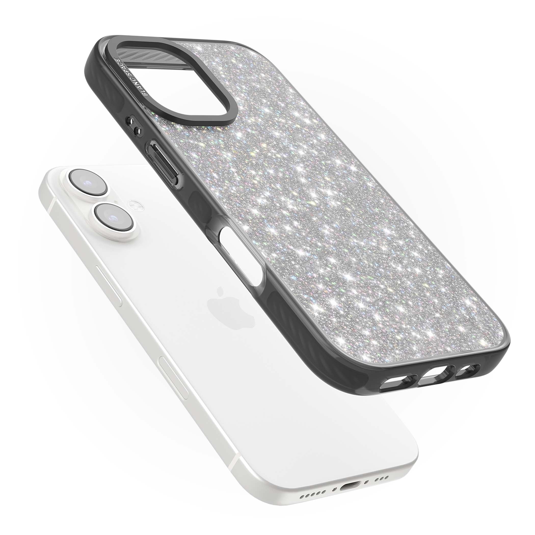 Diamond glam iPhone case featuring silver glitter sparkle and shimmering diamond dust effect | Black Impact case for iPhone 16, iPhone 16 Plus