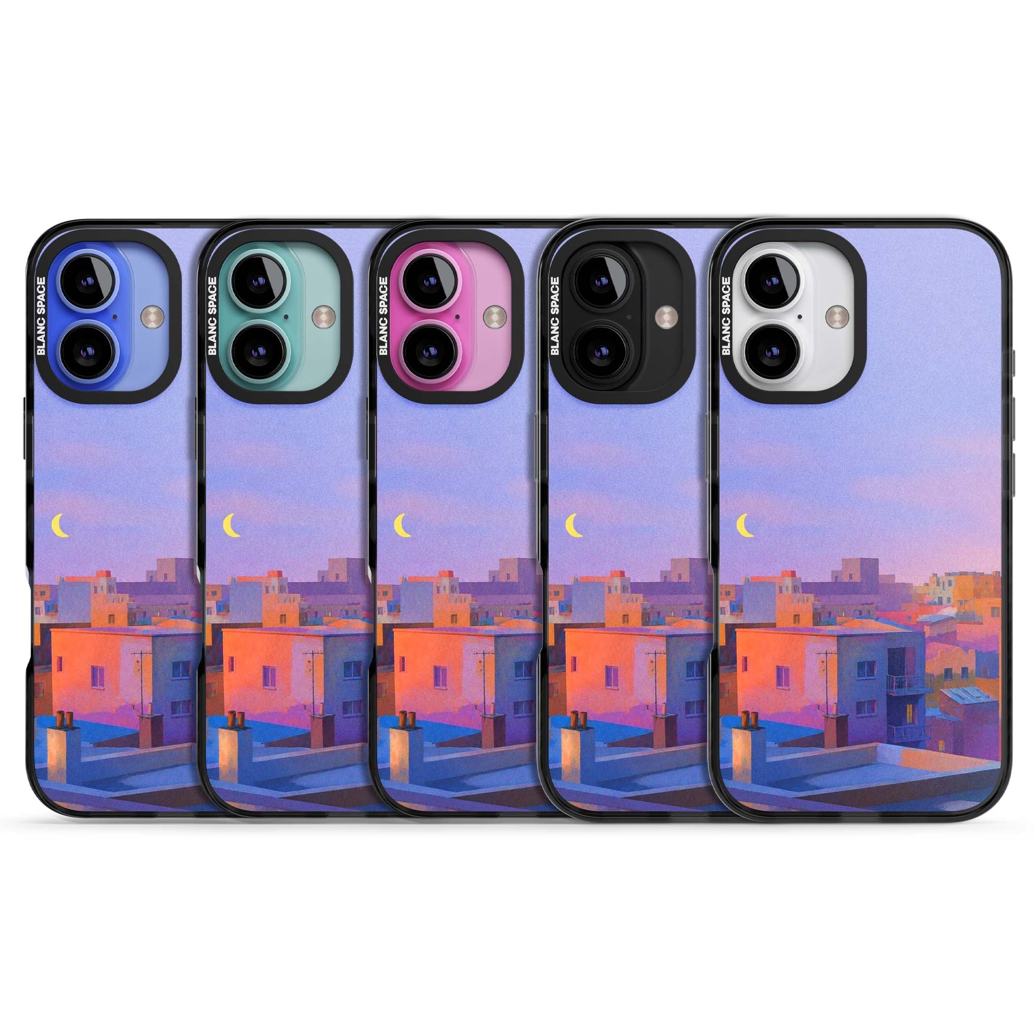 Twilight Rooftops vaporwave iPhone case featuring a pastel sunset cityscape, painted rooftops and a crescent moon. | Black Impact case for iPhone 16, iPhone 16 Plus