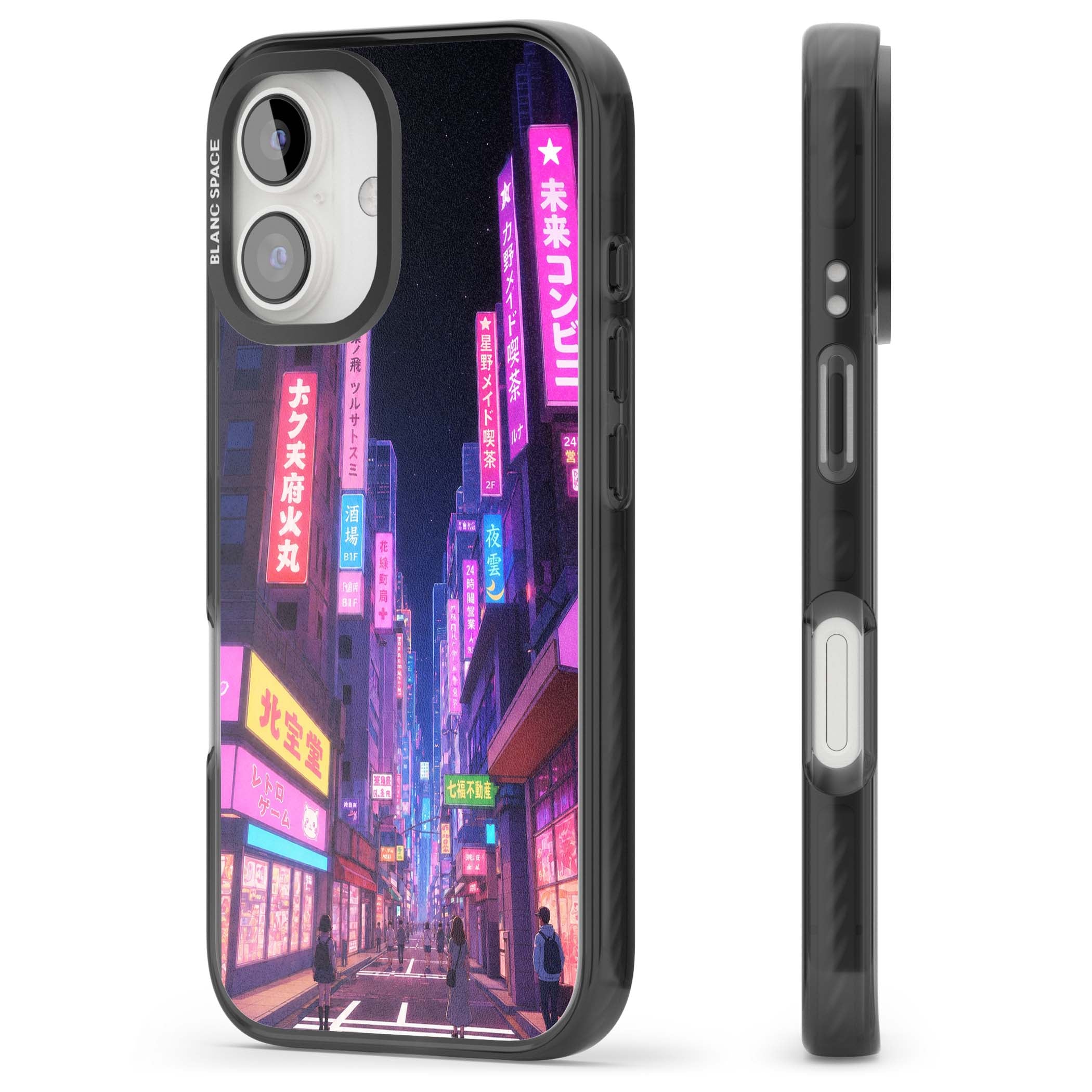 Shibuya At Night Japanese neon city iPhone case featuring glowing kanji signs, pink storefronts and a Tokyo street at n | Black Impact case for iPhone 16, iPhone 16 Plus