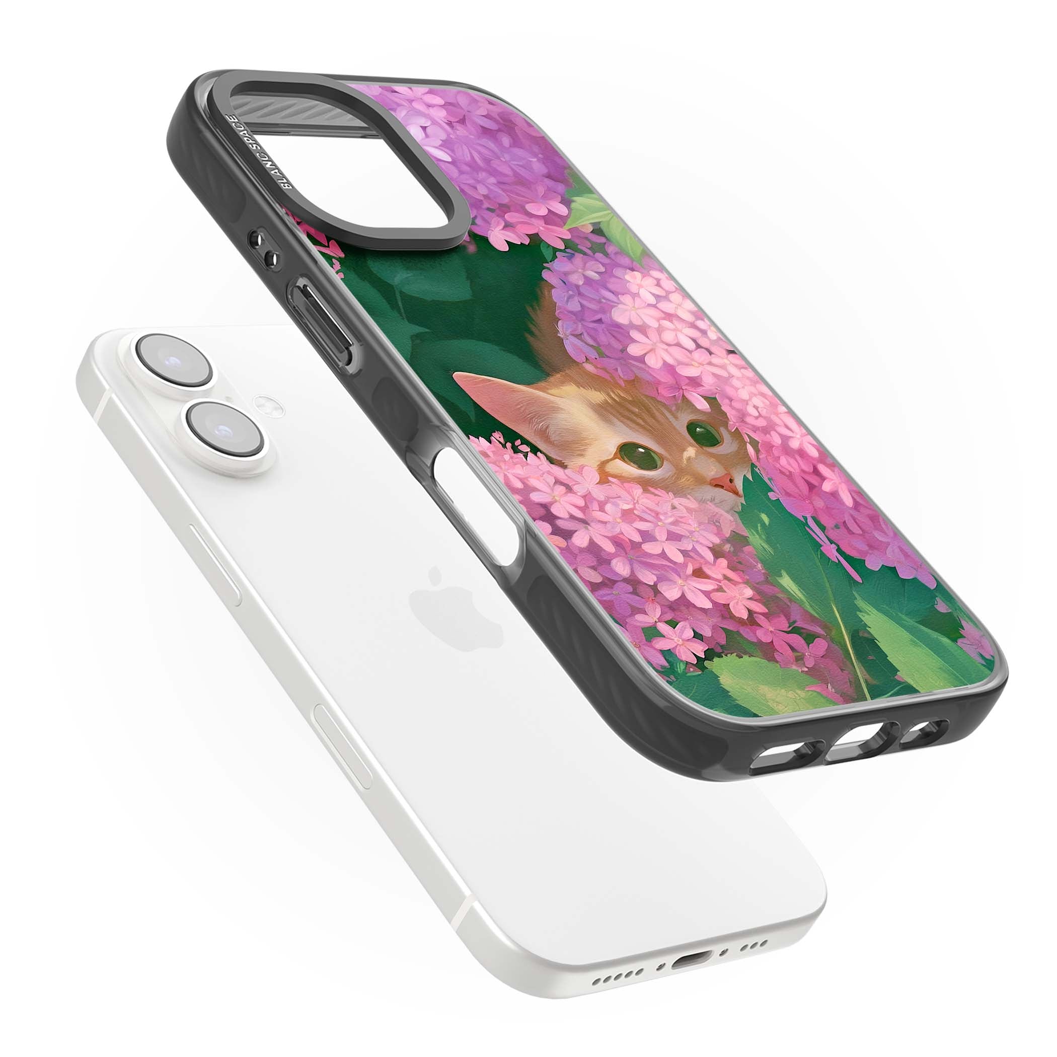 Cat In Pink Flowers cottagecore iPhone case featuring a ginger kitten peeking through lilac and pink hydrangea flo | Black Impact case for iPhone 16, iPhone 16 Plus