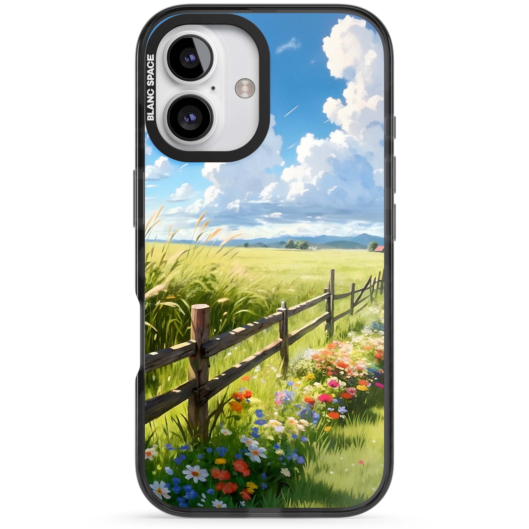 A Countryside Afternoon cottagecore iPhone case featuring a painted countryside meadow, wooden fence, and wildflowers beneath | Black Impact case for iPhone 16, iPhone 16 Plus
