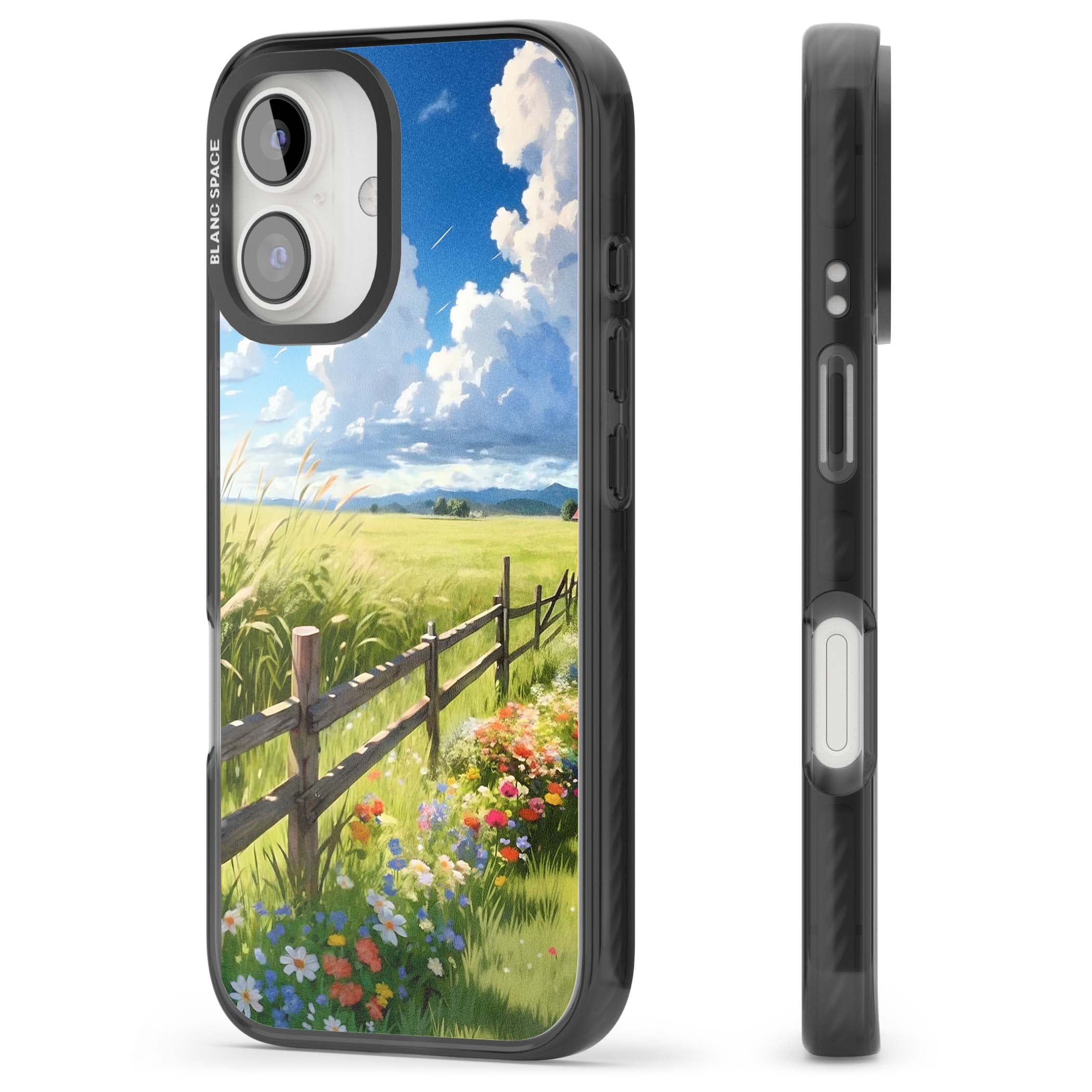 A Countryside Afternoon cottagecore iPhone case featuring a painted countryside meadow, wooden fence, and wildflowers beneath | Black Impact case for iPhone 16, iPhone 16 Plus