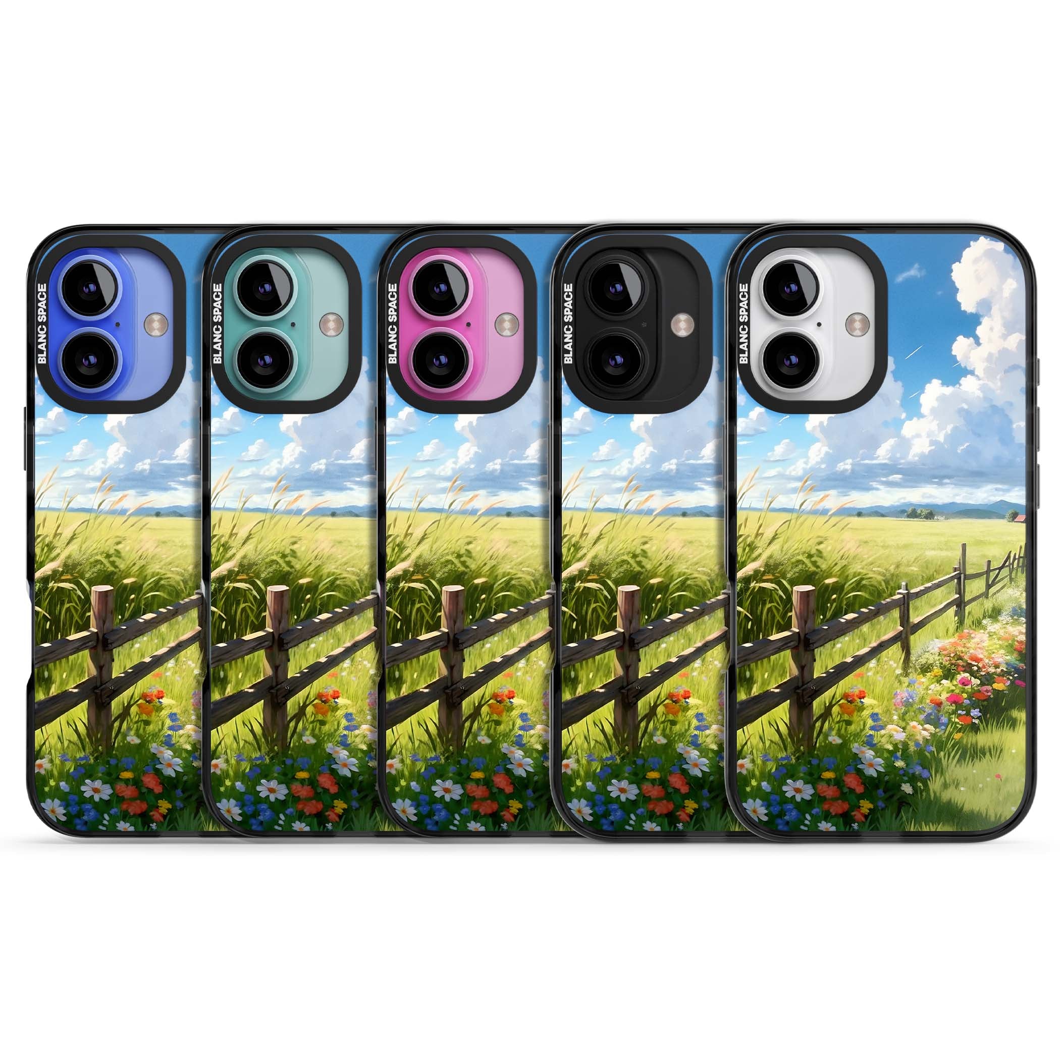 A Countryside Afternoon cottagecore iPhone case featuring a painted countryside meadow, wooden fence, and wildflowers beneath | Black Impact case for iPhone 16, iPhone 16 Plus