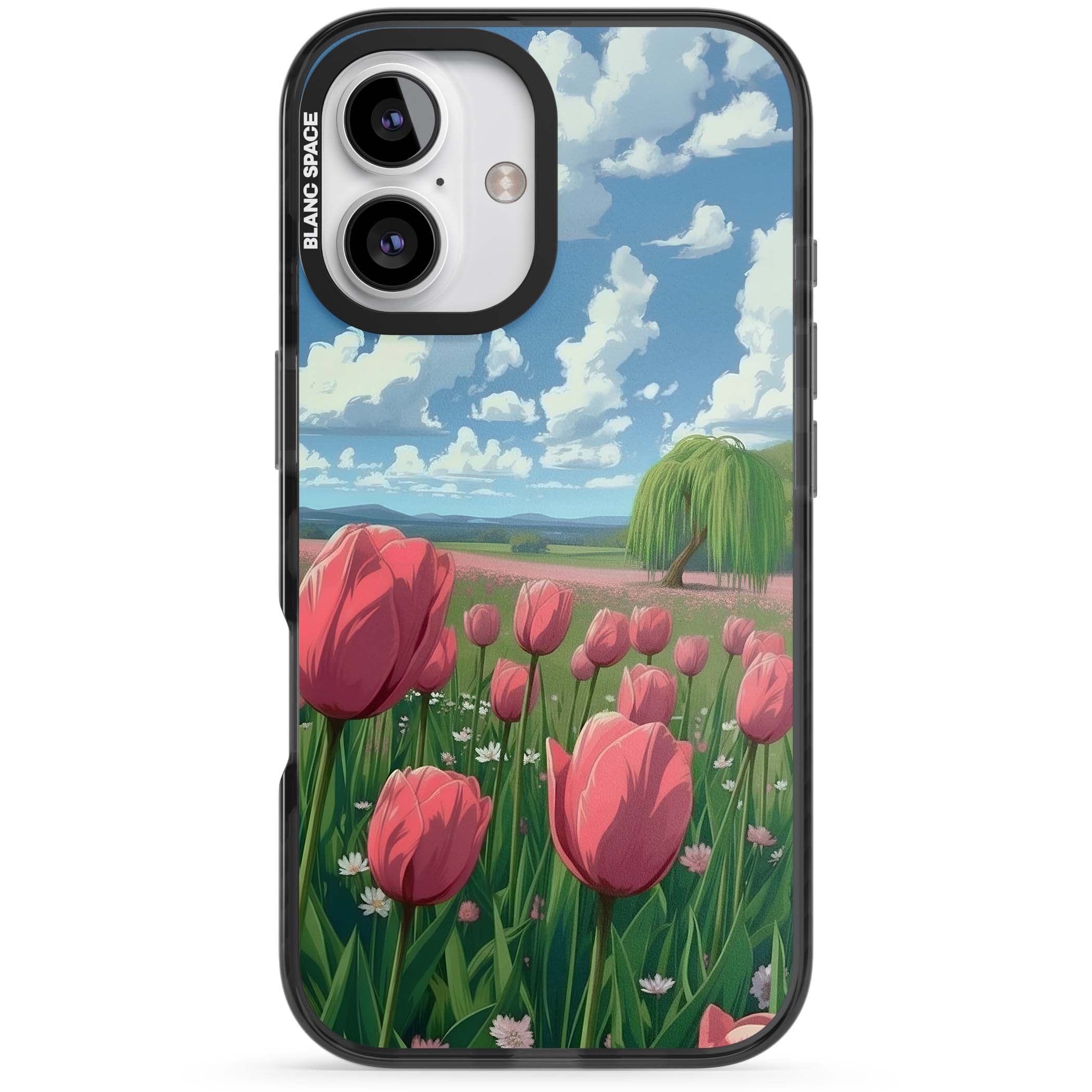 Willow By The Pink Tulips floral iPhone case | Black Impact case for iPhone 16, iPhone 16 Plus