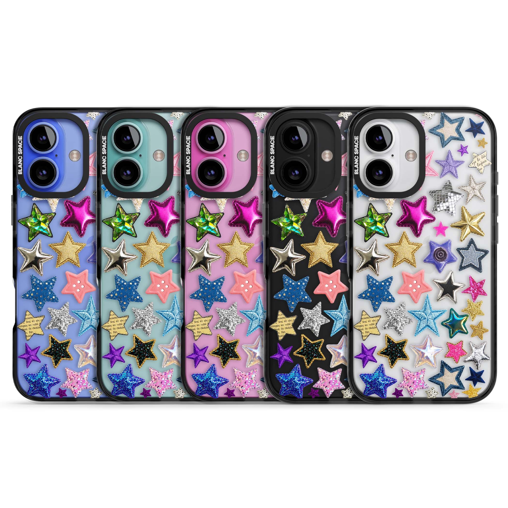 Crafty Star Mix Y2K iPhone case featuring embroidered, sequinned and glitter star patches in rainbow colours | Black Impact case for iPhone 16, iPhone 16 Plus