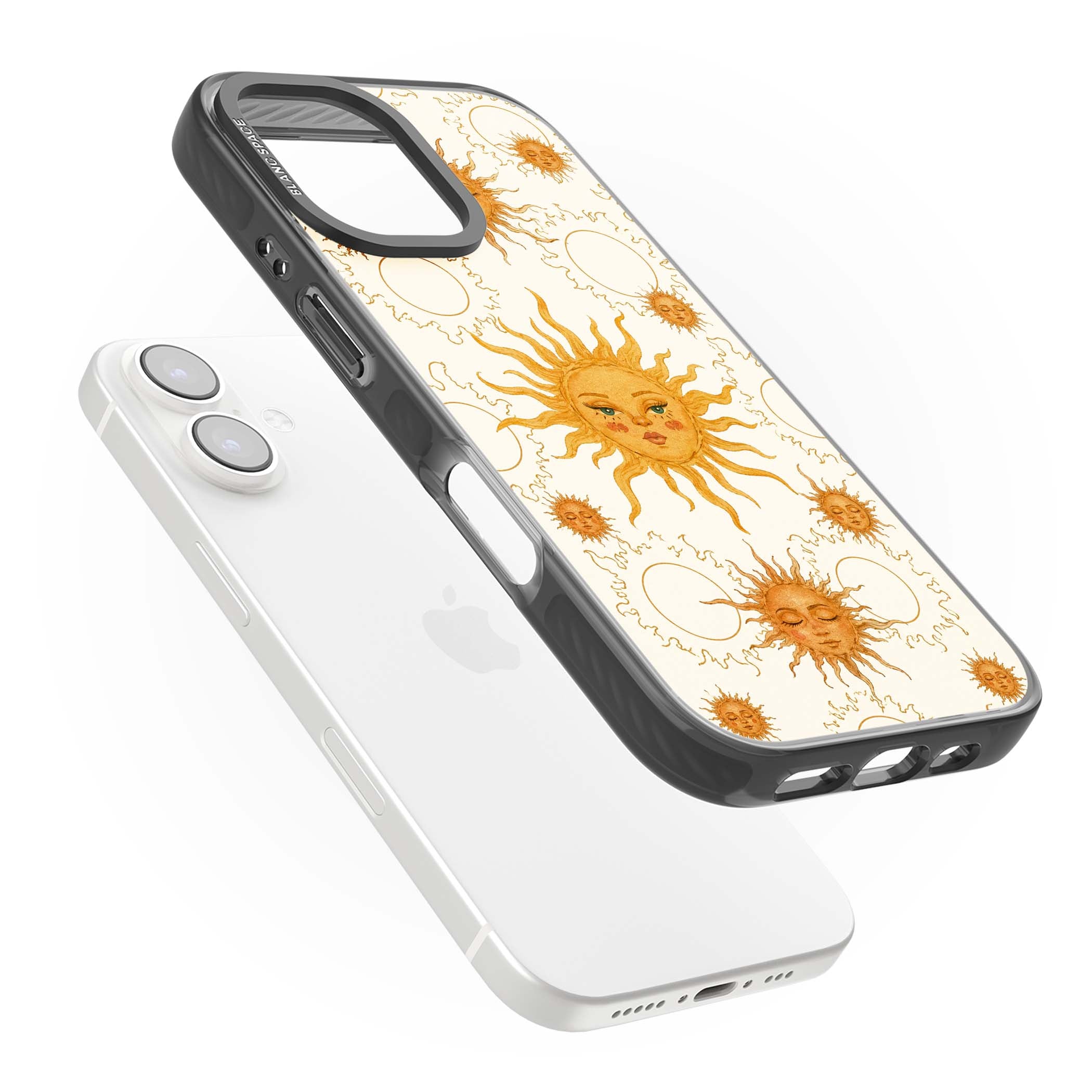 Solstice Muse celestial iPhone case featuring hand-painted golden sun faces, closed-eye sun goddesses and outlined moons... | Black Impact case for iPhone 16, iPhone 16 Plus