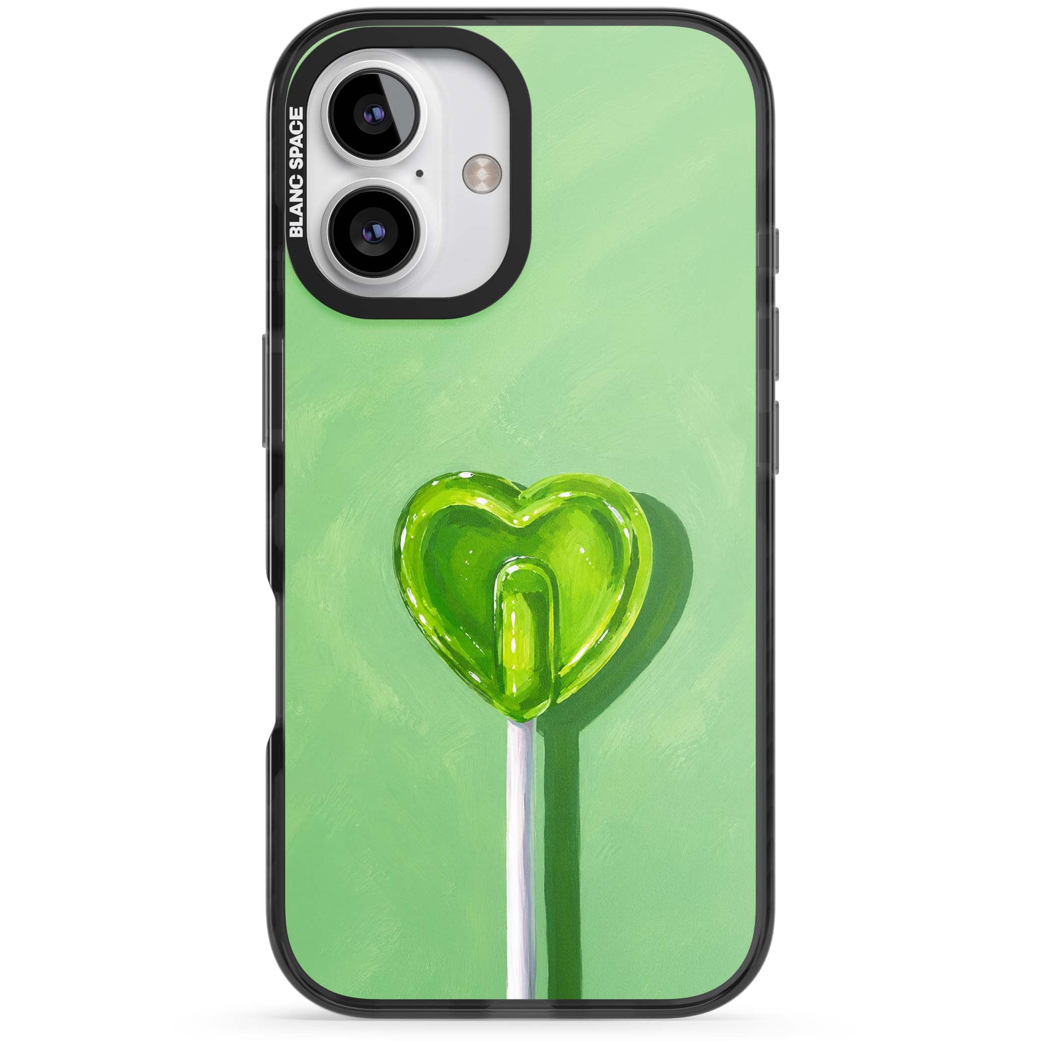 Green Lollipop candy art iPhone case featuring a glossy green heart-shaped lollipop on a painted pastel green background | Black Impact case for iPhone 16, iPhone 16 Plus