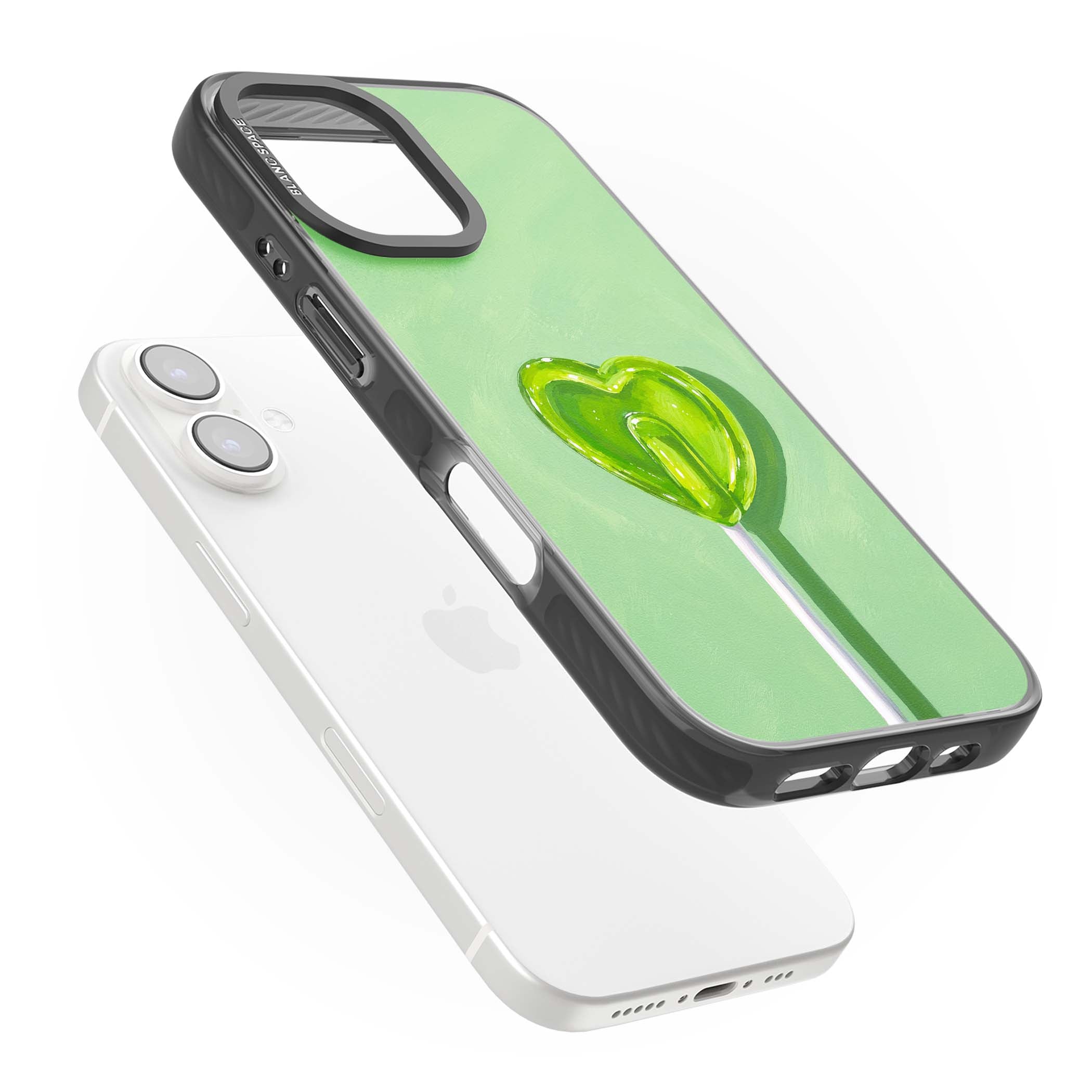 Green Lollipop candy art iPhone case featuring a glossy green heart-shaped lollipop on a painted pastel green background | Black Impact case for iPhone 16, iPhone 16 Plus