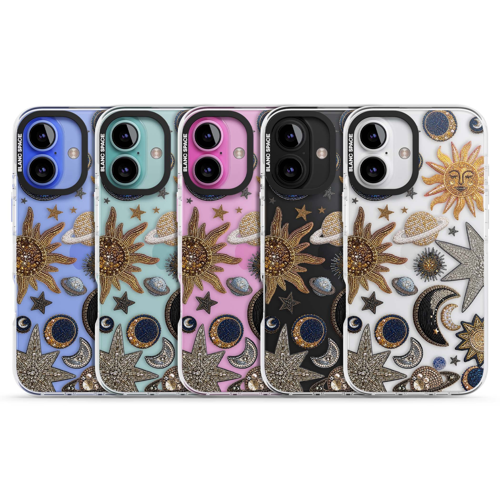 Beaded Cosmos celestial iPhone case featuring embroidered golden suns, beaded planets and silver shooting stars | Clear Impact case for iPhone 16, iPhone 16 Plus