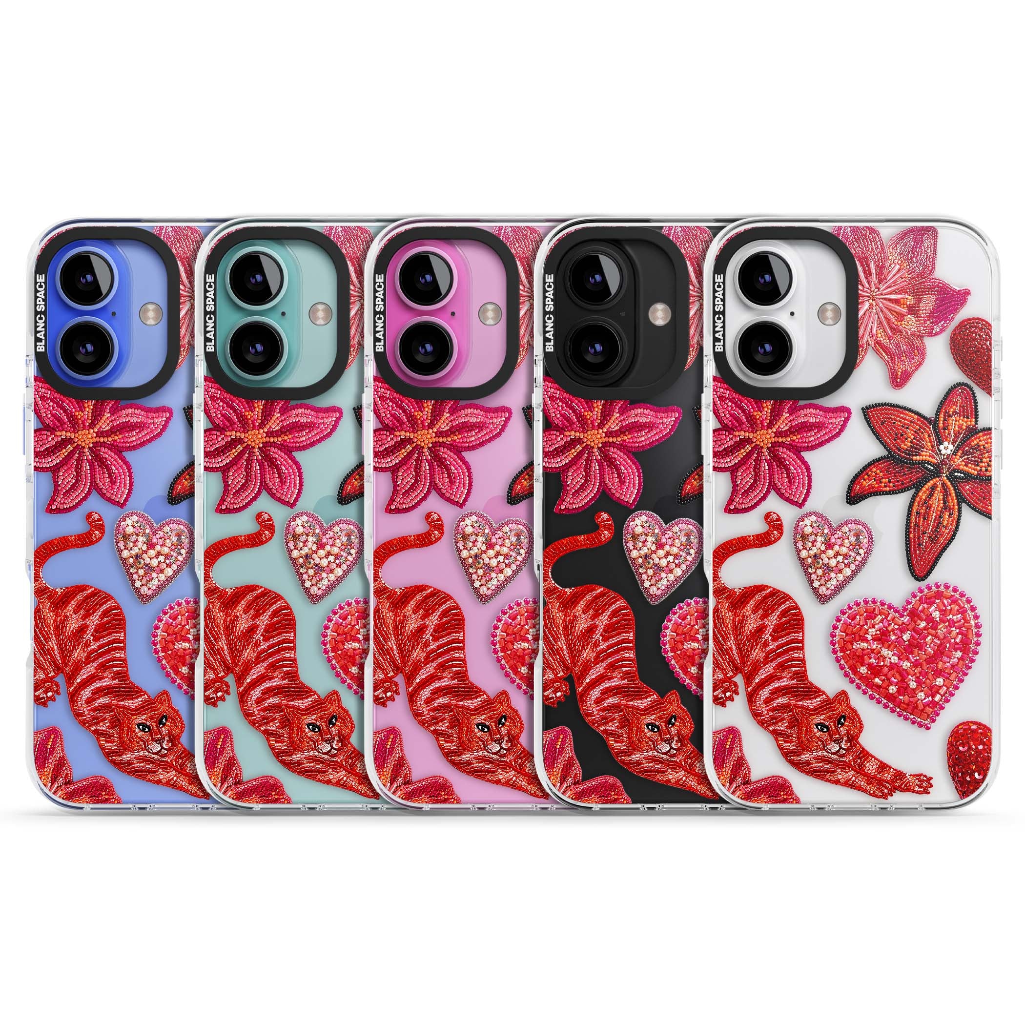 Beaded Boho floral iPhone case featuring beaded red lilies, a stitched tiger, and pearl-encrusted hearts on clear | Clear Impact case for iPhone 16, iPhone 16 Plus