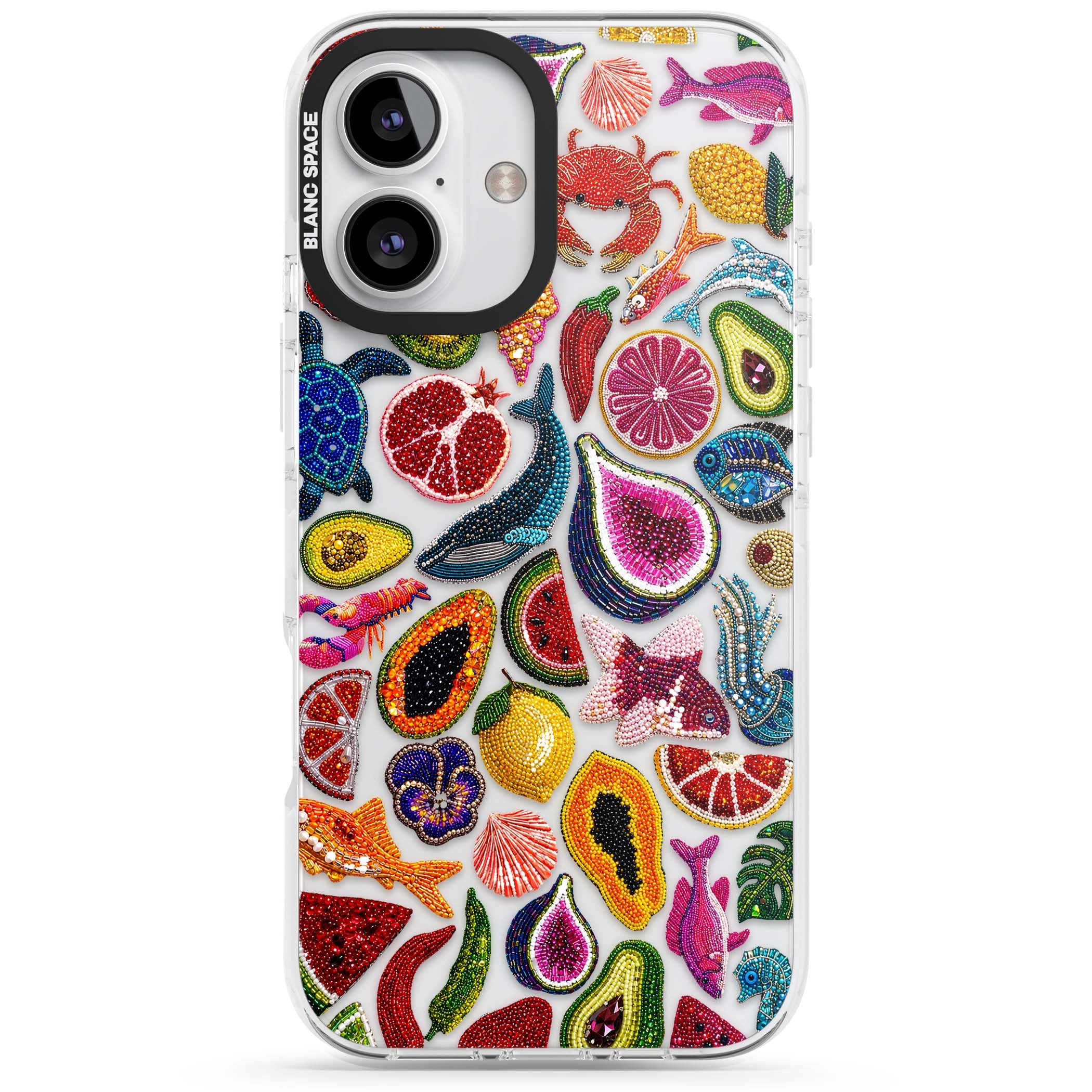 Beaded Tropic tropical iPhone case featuring beaded fruit, fish, crabs and seashells in vibrant colour | Clear Impact case for iPhone 16, iPhone 16 Plus