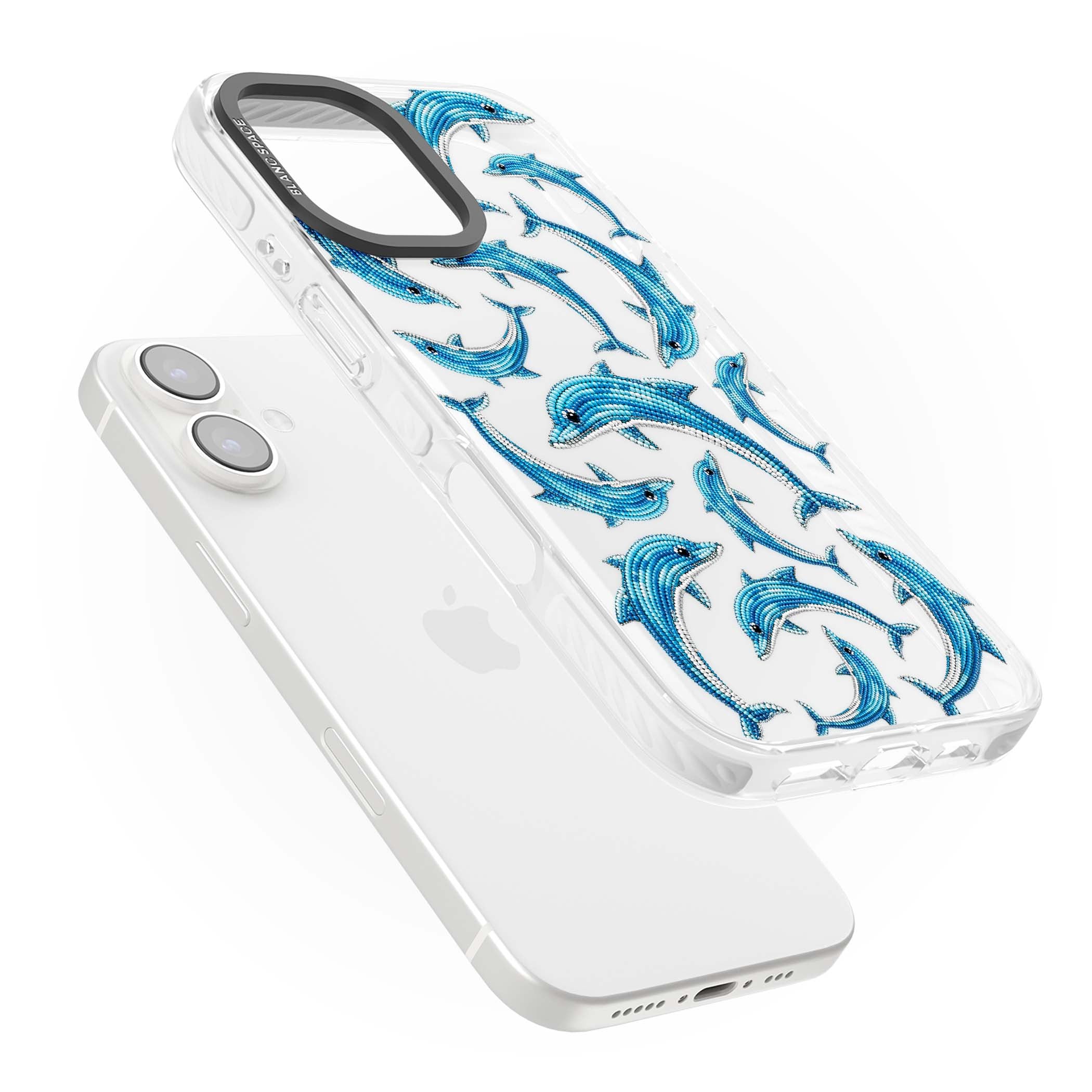 Beaded Dolphins coastal iPhone case featuring beaded dolphins in blue and white swimming across a clear background | Clear Impact case for iPhone 16, iPhone 16 Plus