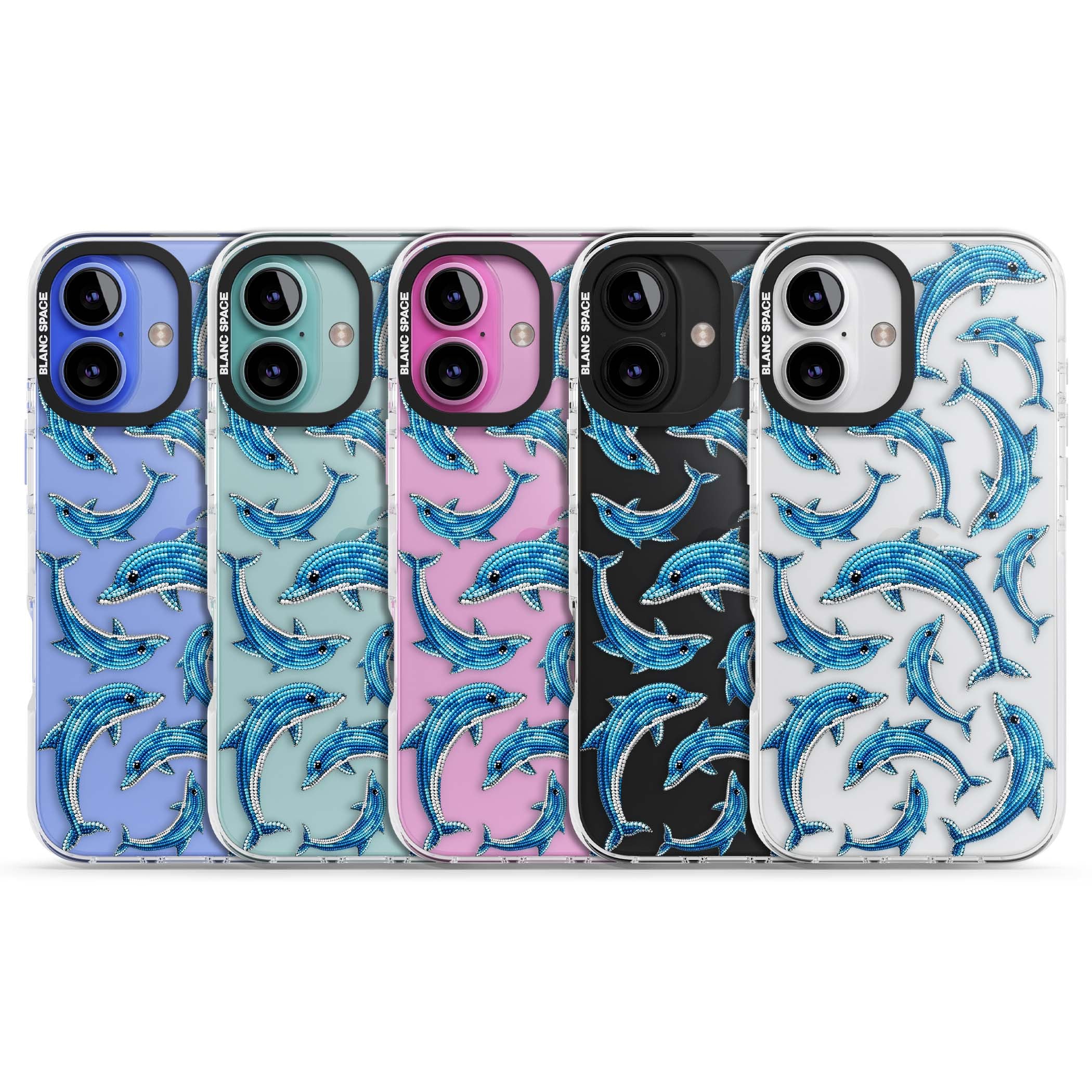 Beaded Dolphins coastal iPhone case featuring beaded dolphins in blue and white swimming across a clear background | Clear Impact case for iPhone 16, iPhone 16 Plus