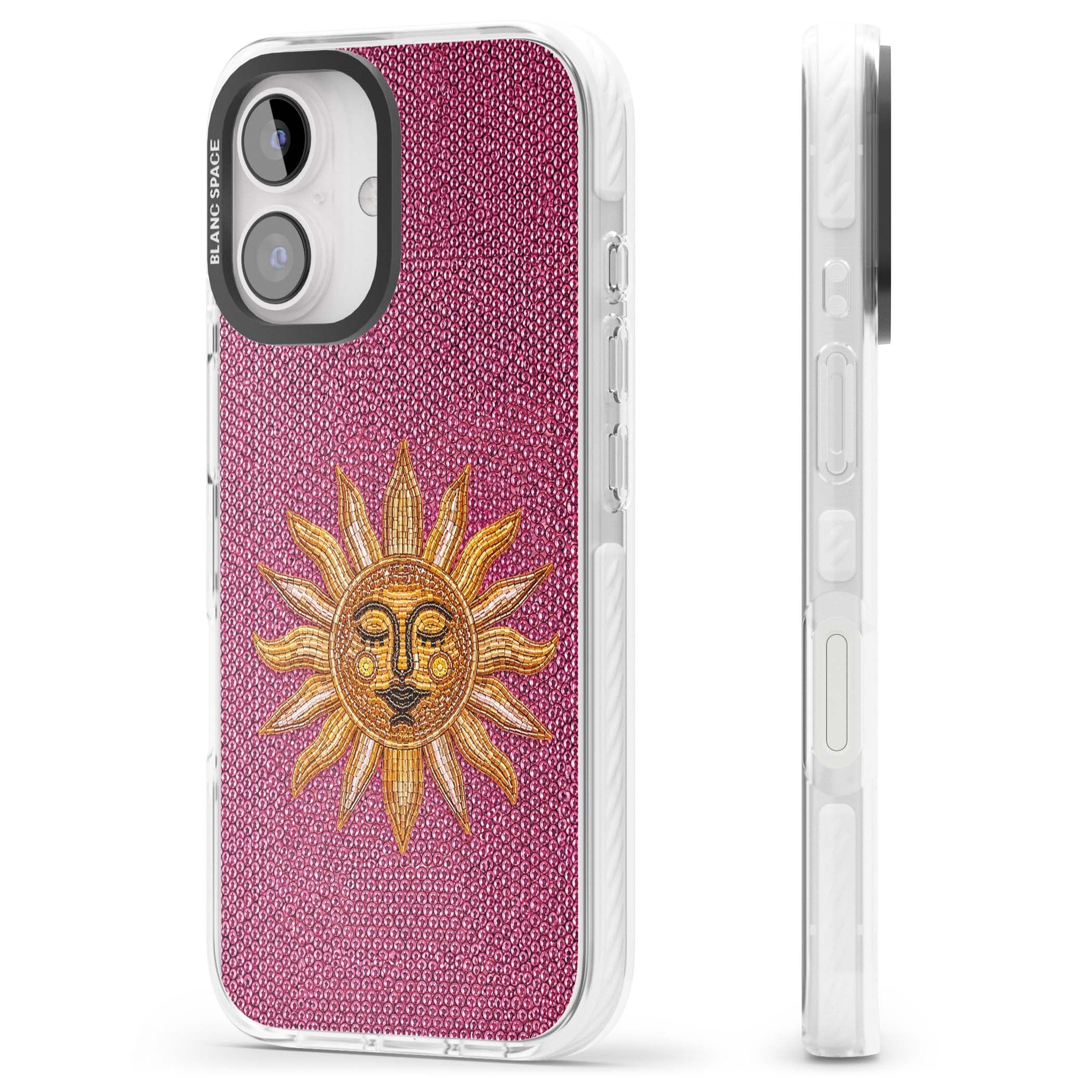 Beaded Sun celestial iPhone case featuring a golden beaded sun face with radiant rays on hot pink beaded background | Clear Impact case for iPhone 16, iPhone 16 Plus