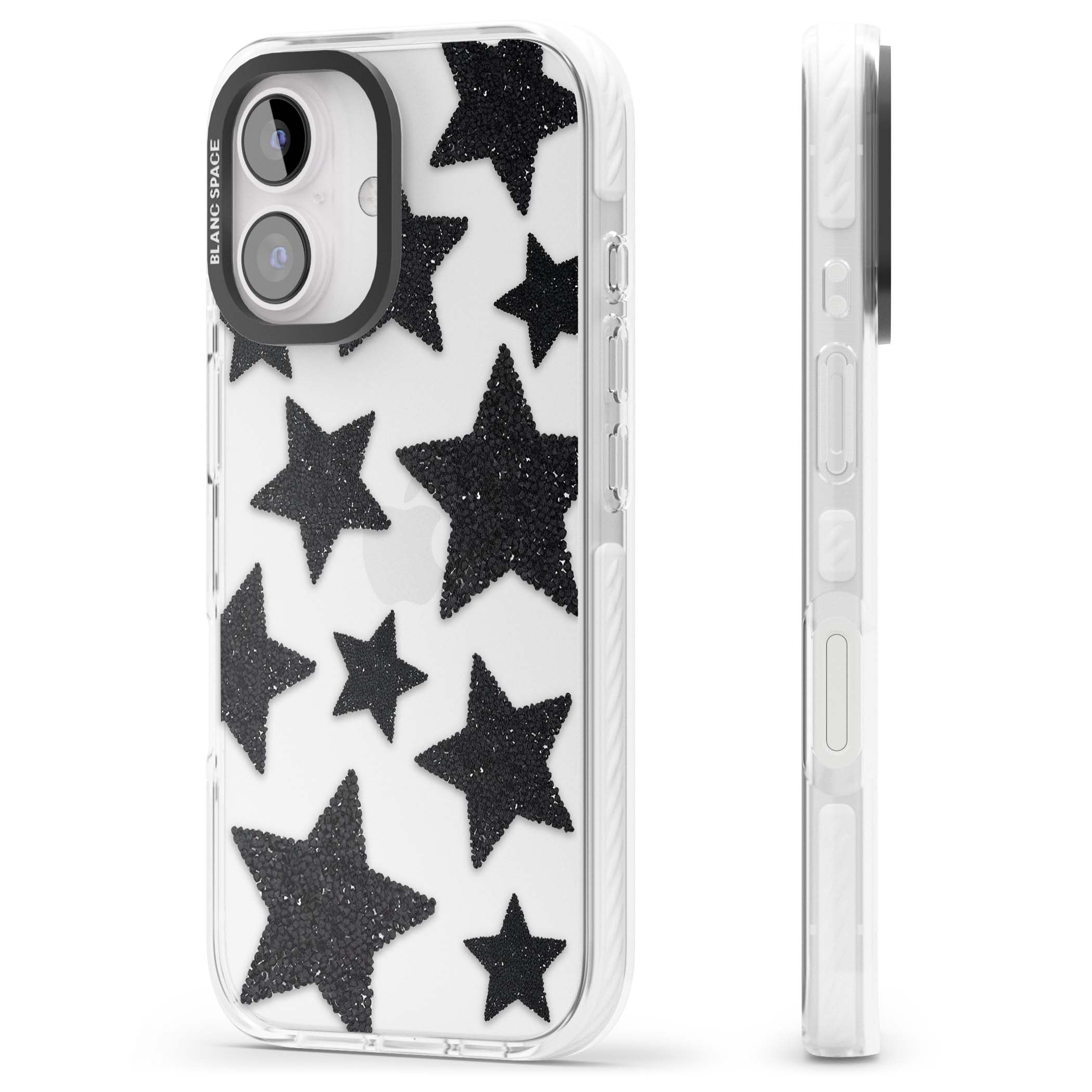 Beaded Black Stars celestial iPhone case featuring black glitter beaded stars scattered on a clear background | Clear Impact case for iPhone 16, iPhone 16 Plus