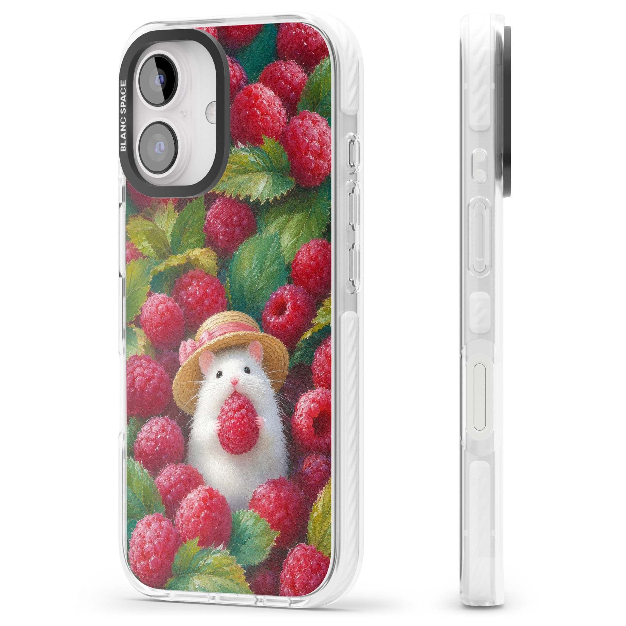 Berry Forager cottagecore iPhone case featuring a white hamster in a straw hat holding a raspberry surrounded by ripe ber | Clear Impact case for iPhone 16, iPhone 16 Plus