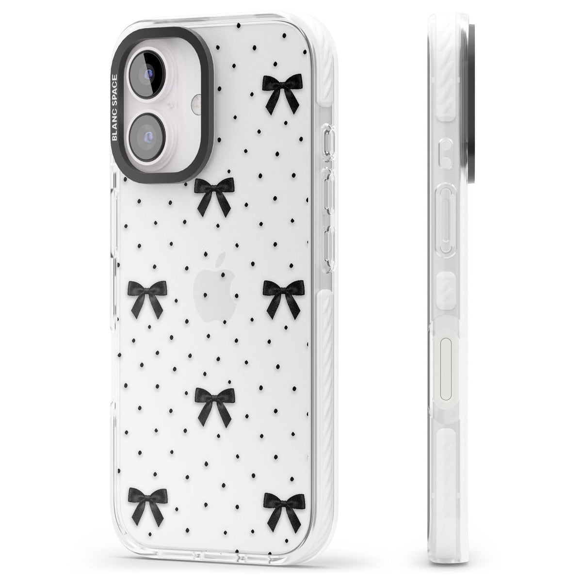 Black Polka Bows coquette iPhone case featuring scattered black satin bows and tiny polka dots on a clear base | Clear Impact case for iPhone 16, iPhone 16 Plus