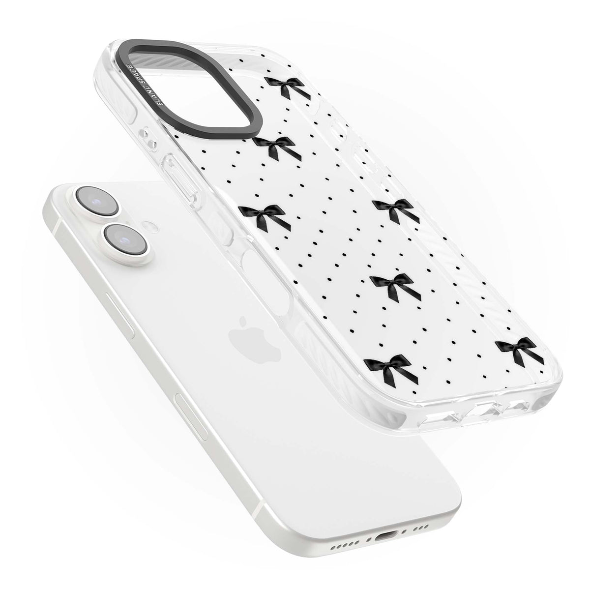 Black Polka Bows coquette iPhone case featuring scattered black satin bows and tiny polka dots on a clear base | Clear Impact case for iPhone 16, iPhone 16 Plus