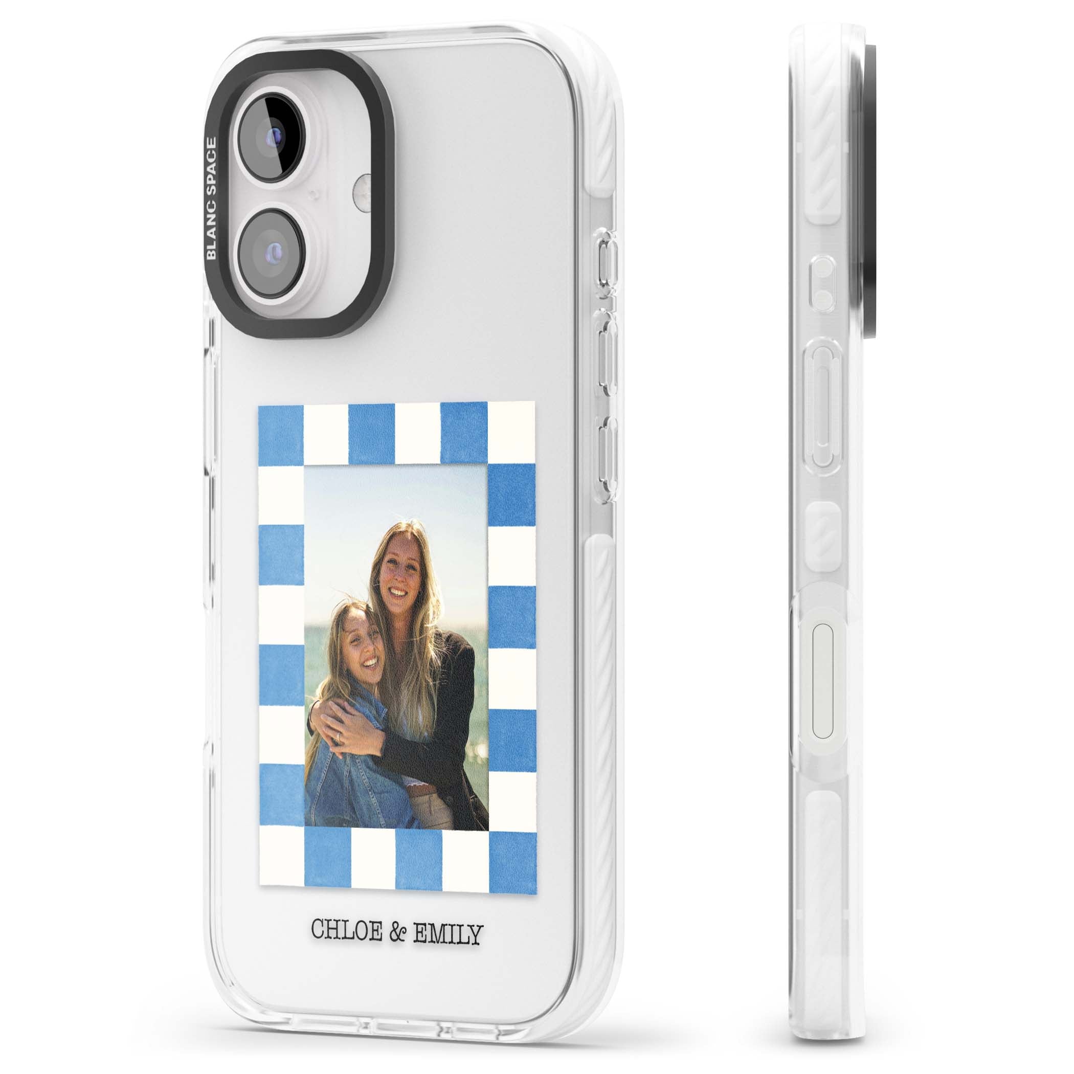 Blue Check Photo personalised photo iPhone case with blue checkered frame and custom couple names | Clear Impact case for iPhone 16, iPhone 16 Plus