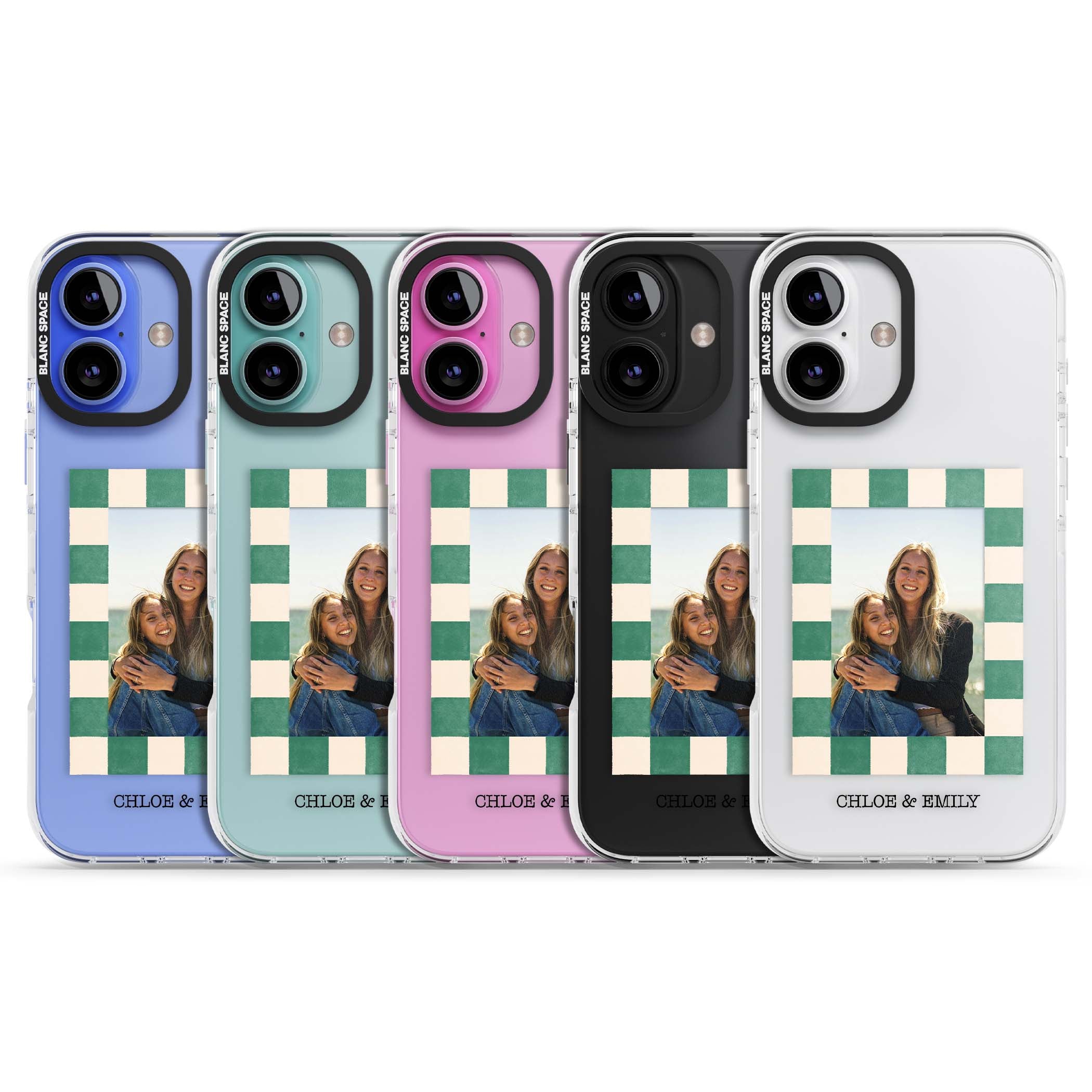 Seafoam Check Photo personalised iPhone case featuring a custom polaroid photo, green and cream checkered frame, and custom n | Clear Impact case for iPhone 16, iPhone 16 Plus