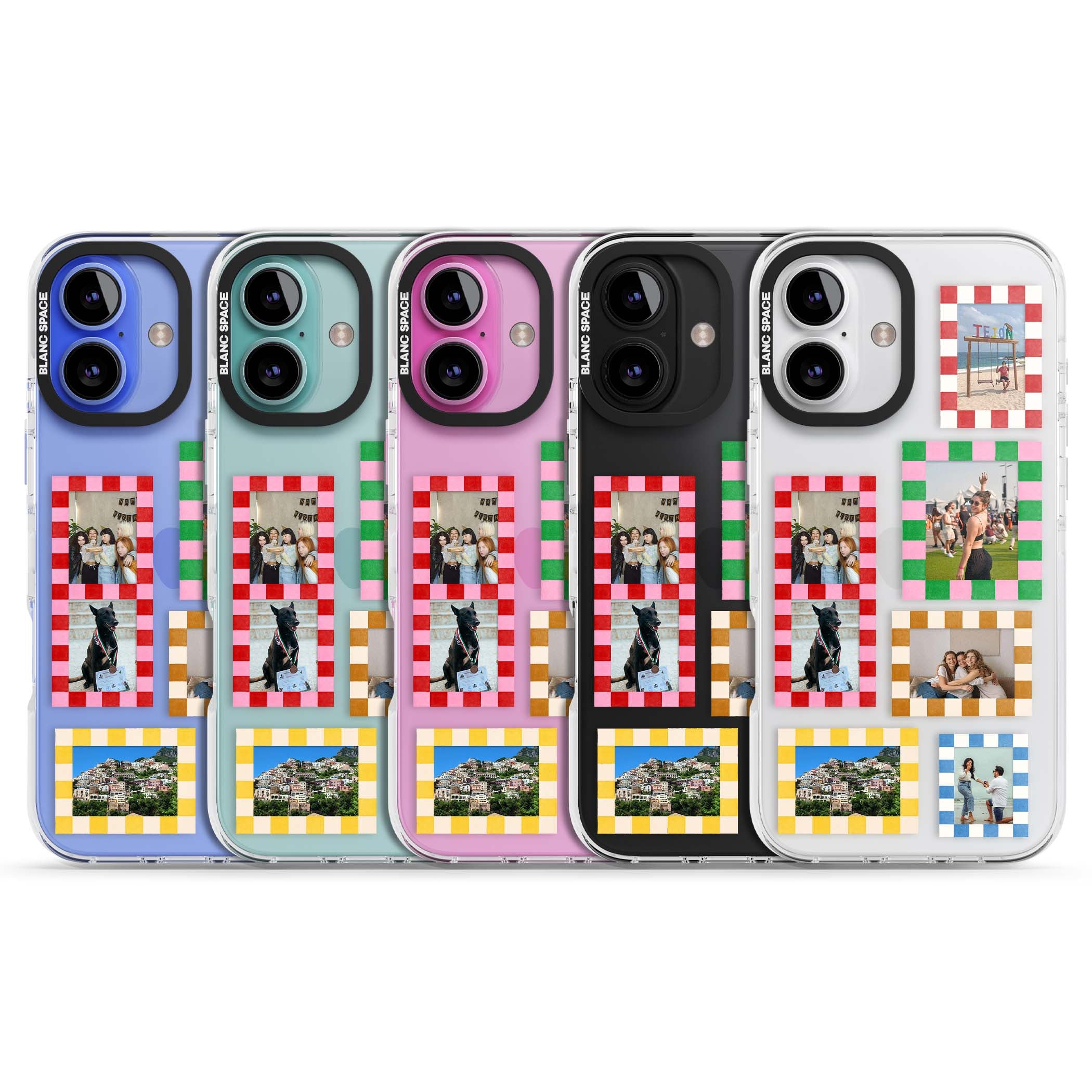 Italian Check Frames custom photo collage iPhone case featuring six checkered photo frames in red, green, pink and | Clear Impact case for iPhone 16, iPhone 16 Plus
