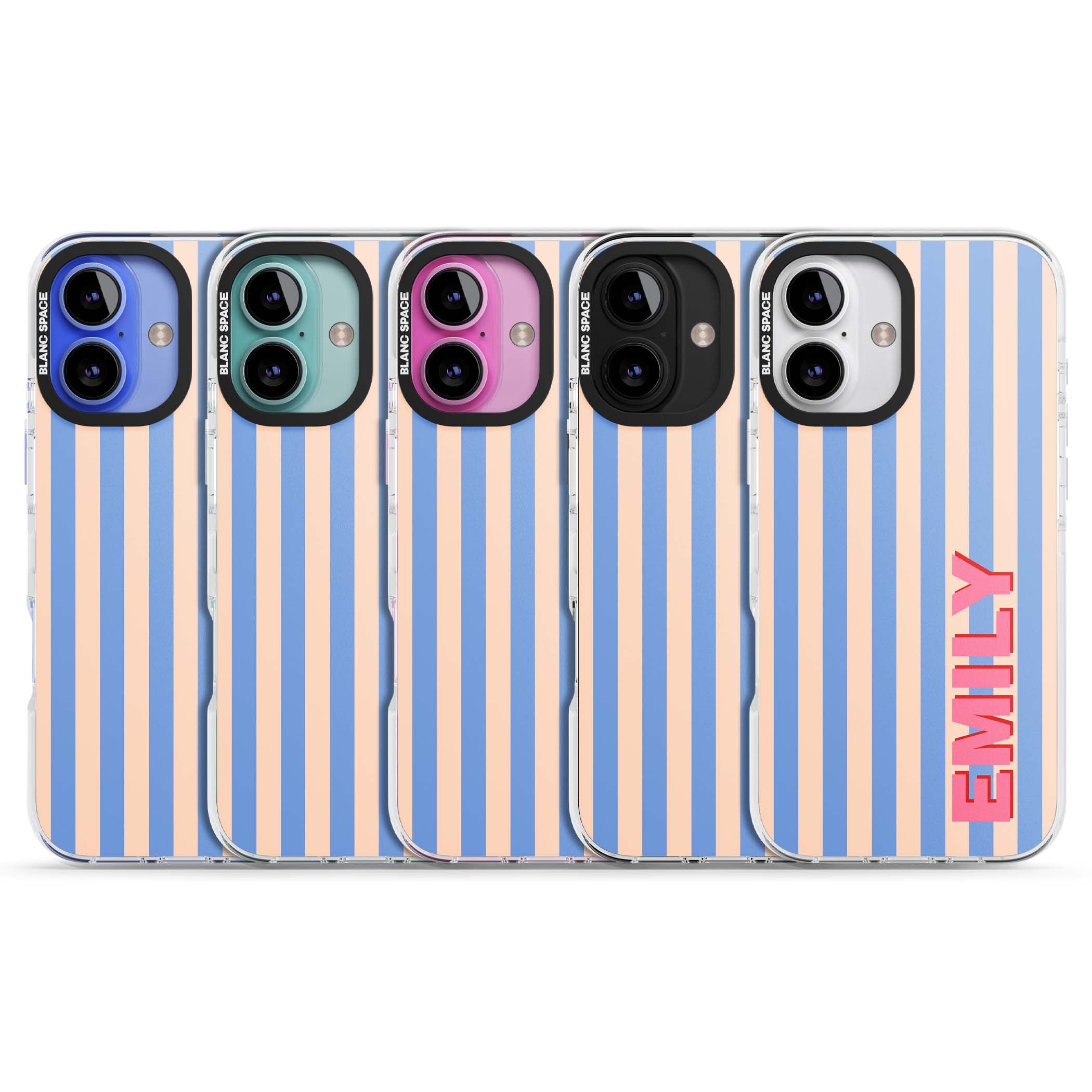 Coastal Stripe personalised coastal iPhone case with blue and peach vertical stripes and custom pink name | Clear Impact case for iPhone 16, iPhone 16 Plus