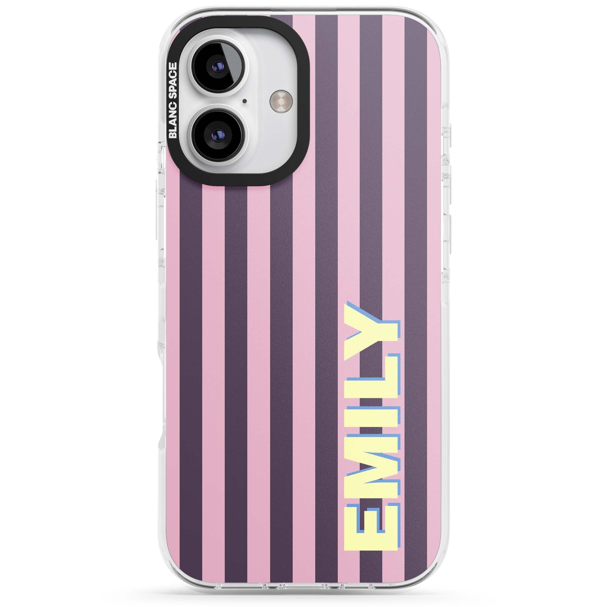 Tyre Stripe personalised stripe iPhone case with plum and pink vertical stripes and custom yellow name | Clear Impact case for iPhone 16, iPhone 16 Plus