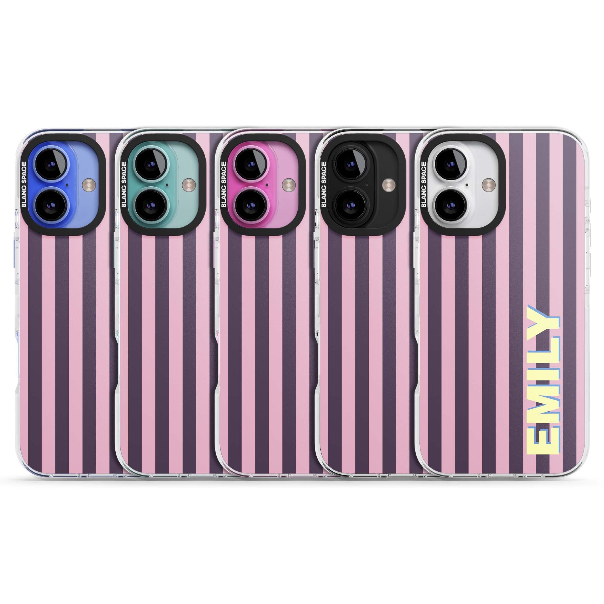 Tyre Stripe personalised stripe iPhone case with plum and pink vertical stripes and custom yellow name | Clear Impact case for iPhone 16, iPhone 16 Plus