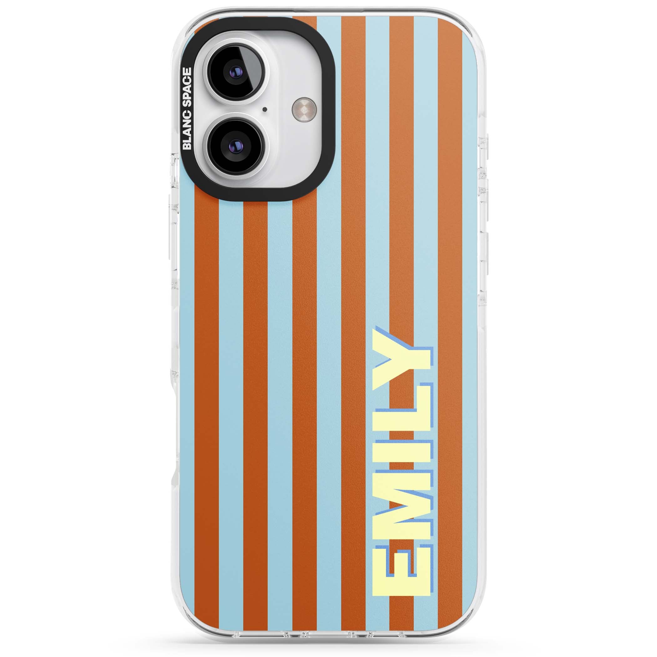 Cappadocia Stripe personalised coastal iPhone case featuring blue and orange vertical stripes with custom cream name | Clear Impact case for iPhone 16, iPhone 16 Plus