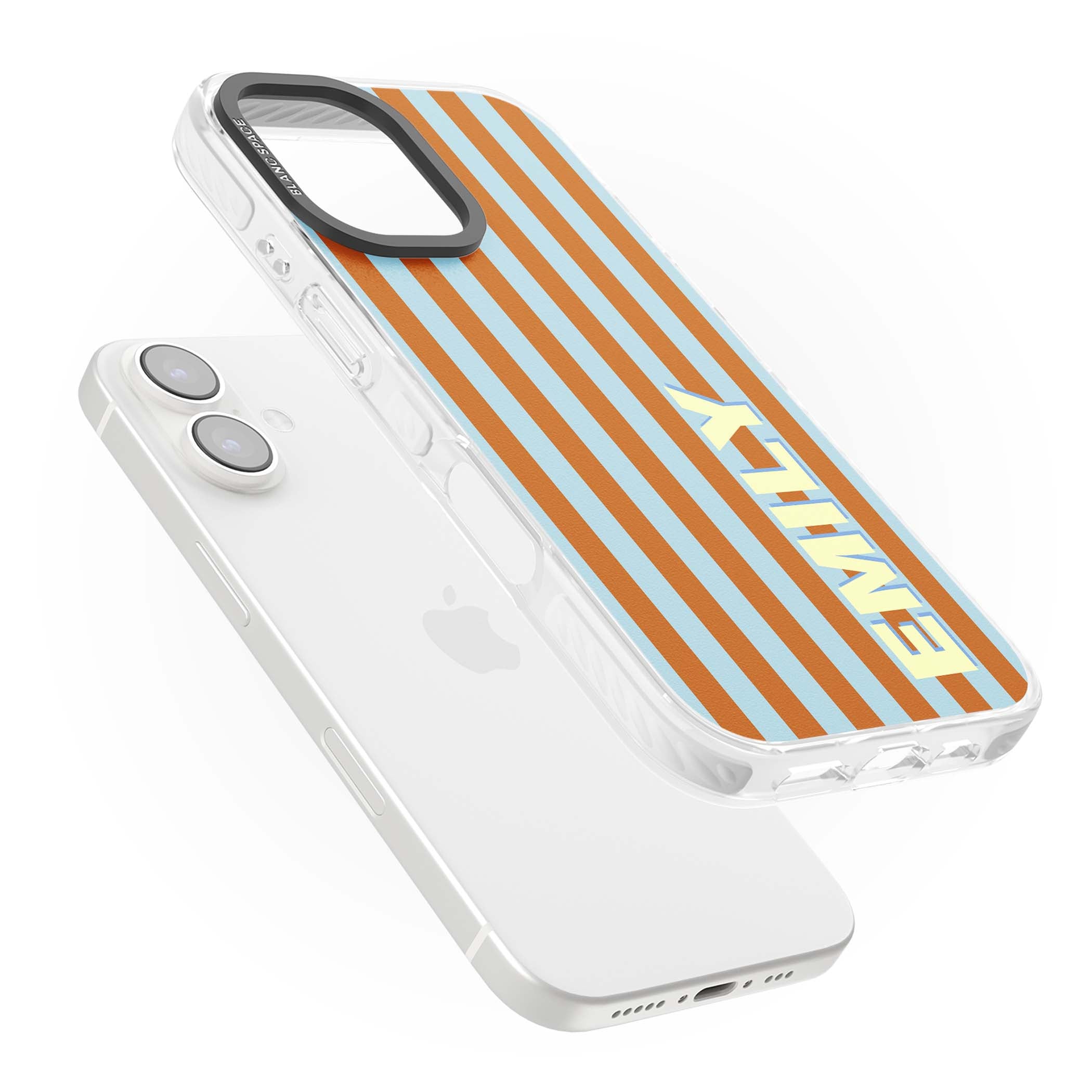 Cappadocia Stripe personalised coastal iPhone case featuring blue and orange vertical stripes with custom cream name | Clear Impact case for iPhone 16, iPhone 16 Plus