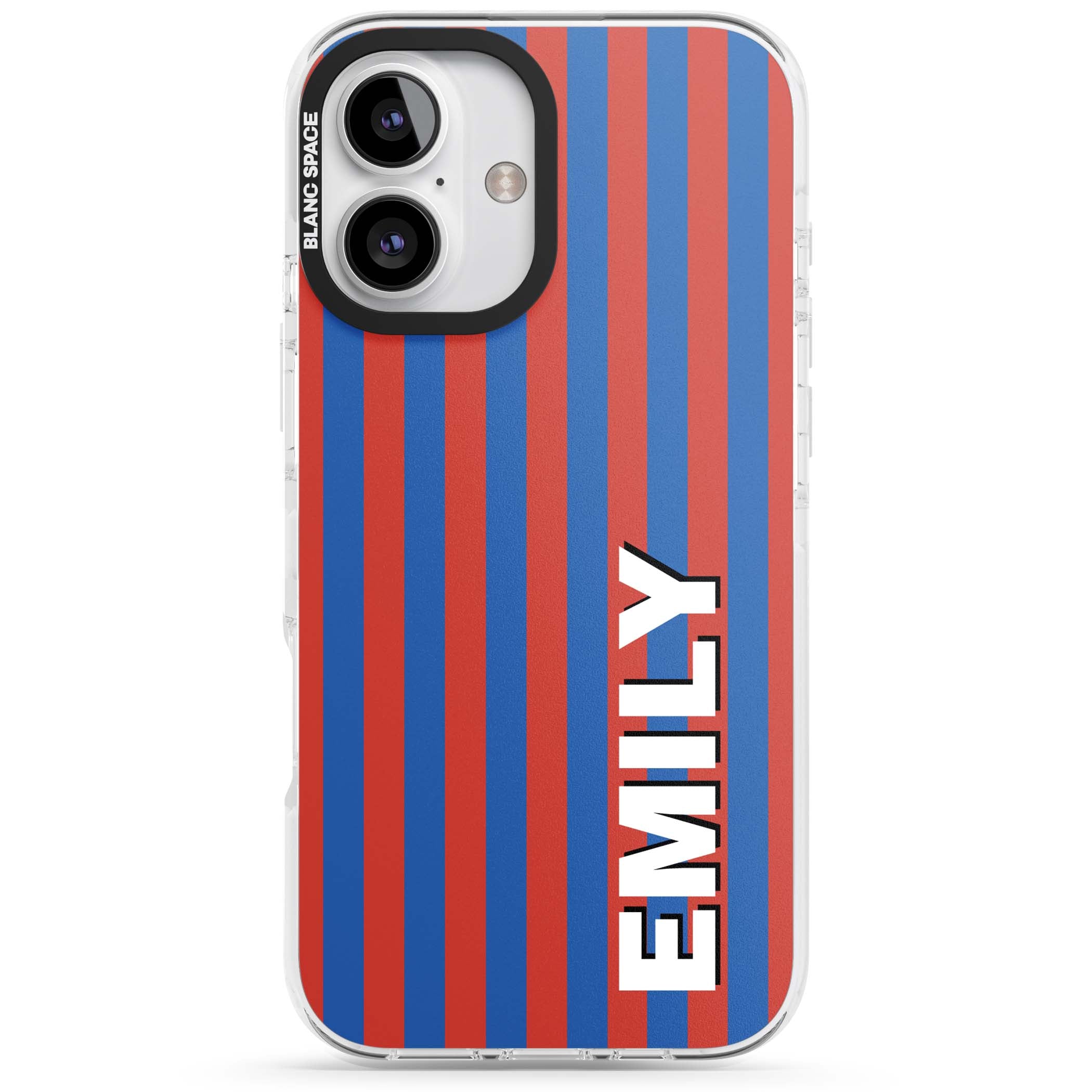 Cuban Stripe personalised iPhone case featuring red and blue vertical stripes with custom name in bold white letters | Clear Impact case for iPhone 16, iPhone 16 Plus