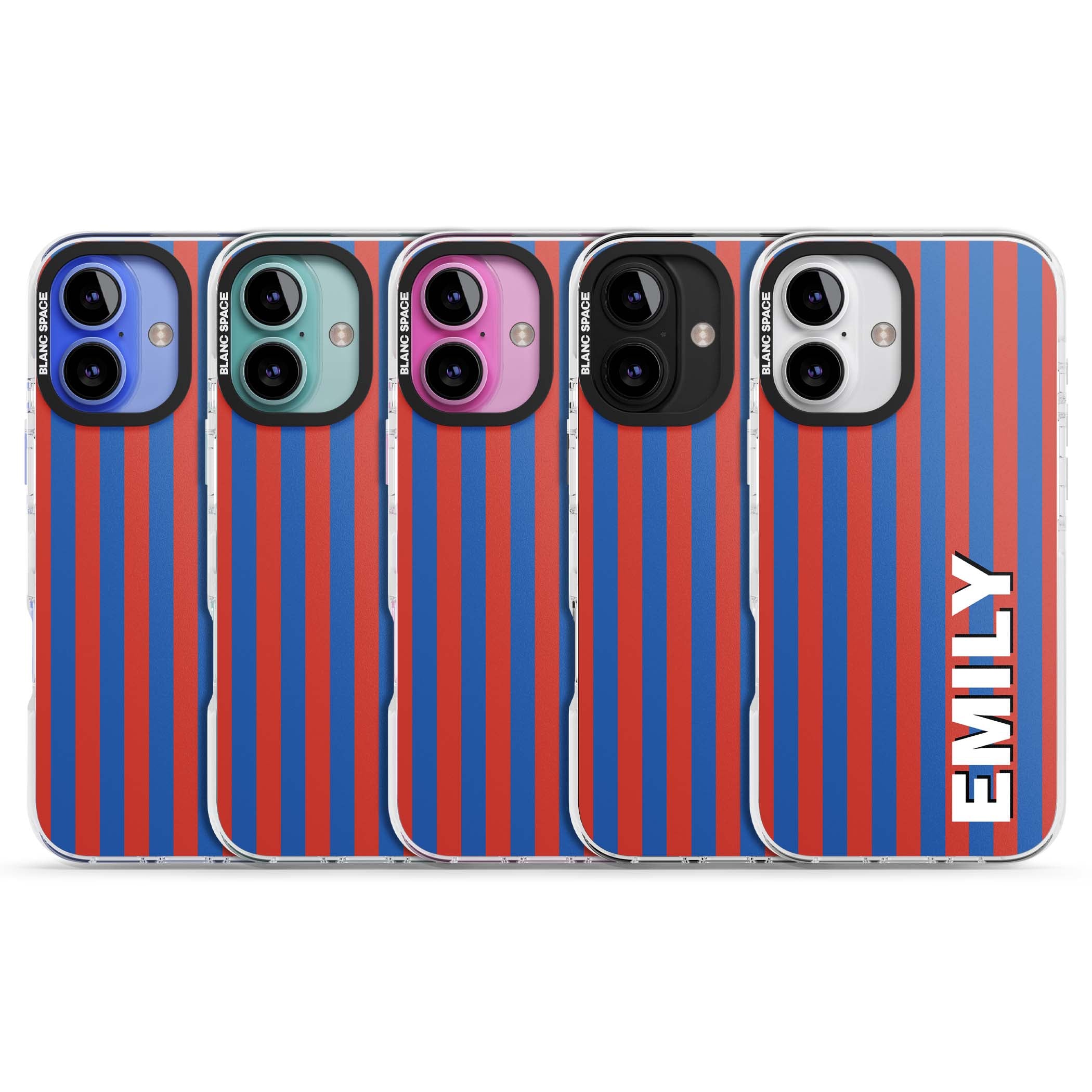 Cuban Stripe personalised iPhone case featuring red and blue vertical stripes with custom name in bold white letters | Clear Impact case for iPhone 16, iPhone 16 Plus