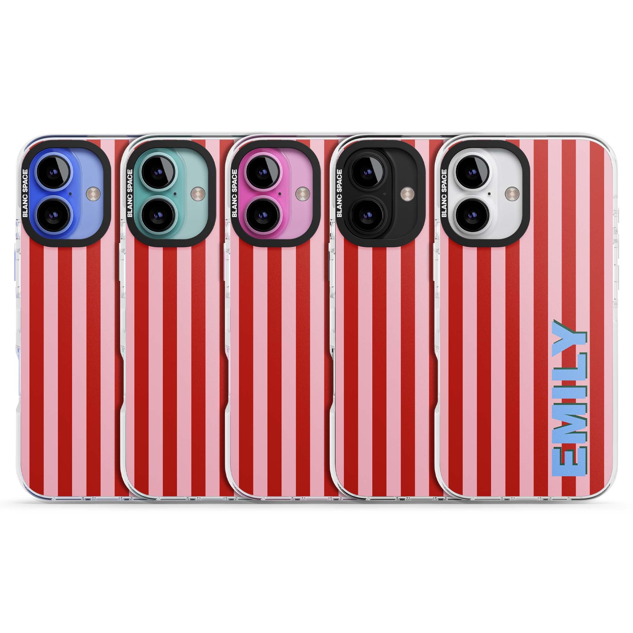 Market Stripe personalised iPhone case with red and pink vertical stripes and custom blue name | Clear Impact case for iPhone 16, iPhone 16 Plus