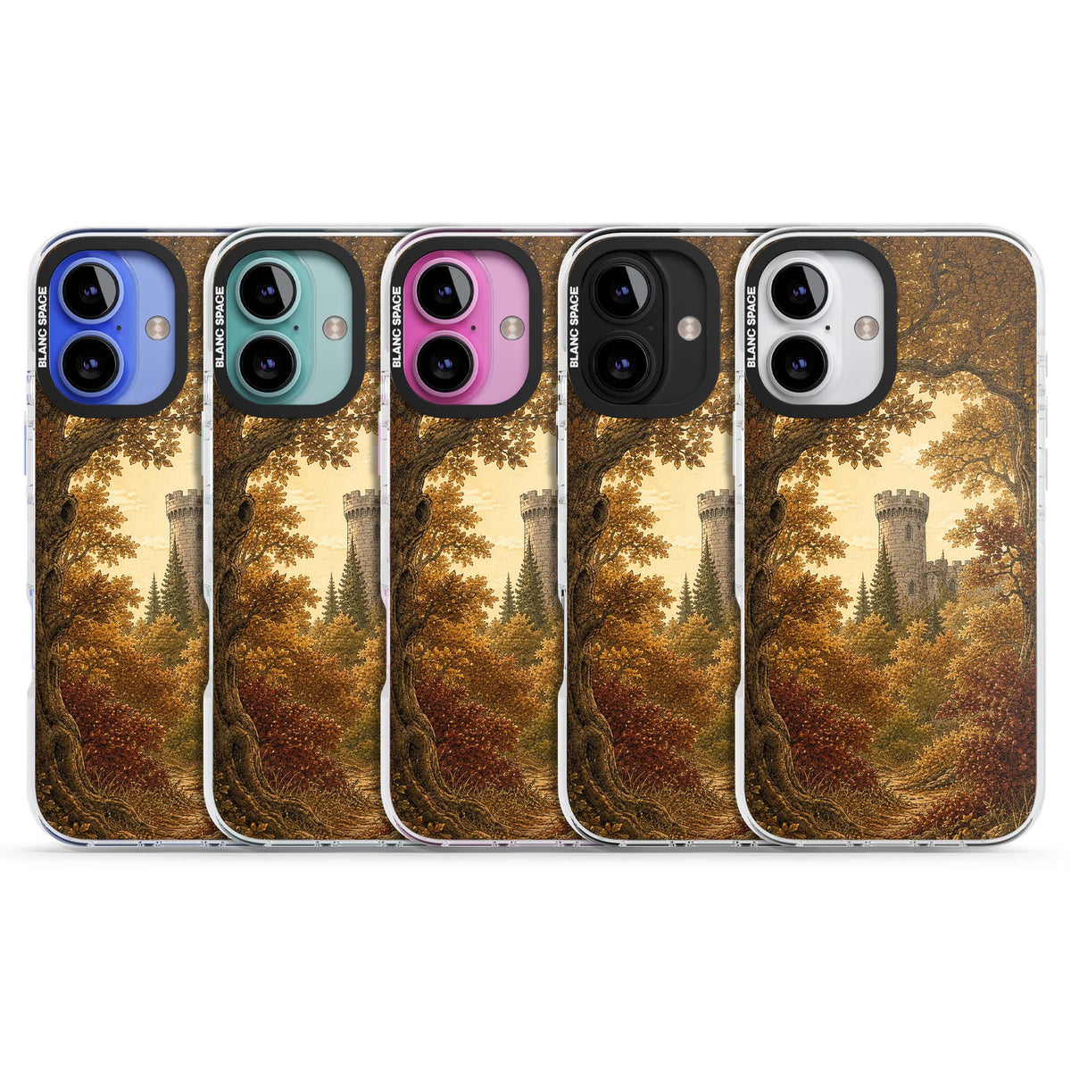Autumn Keep cottagecore iPhone case featuring a medieval castle tower framed by golden autumn trees and woodland foliage | Clear Impact case for iPhone 16, iPhone 16 Plus