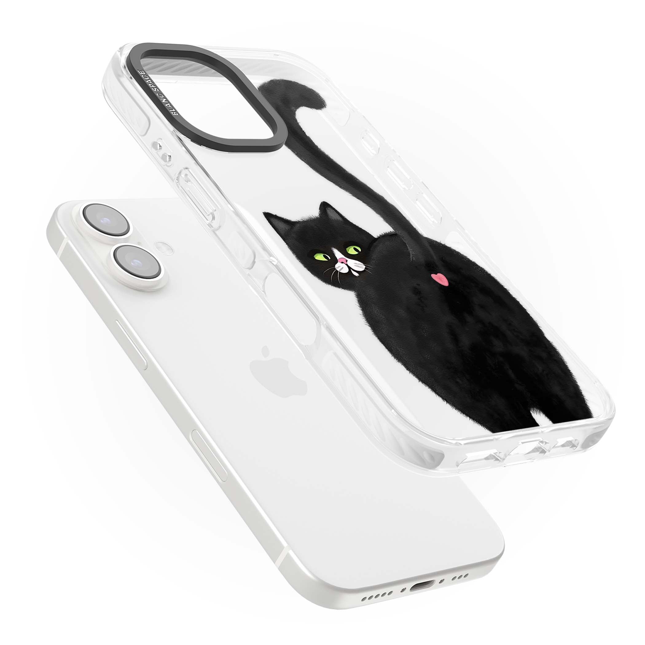The Cat's Kiss cute cat iPhone case featuring a hand-painted tuxedo kitty with green eyes and a pink heart on a clear | Clear Impact case for iPhone 16, iPhone 16 Plus