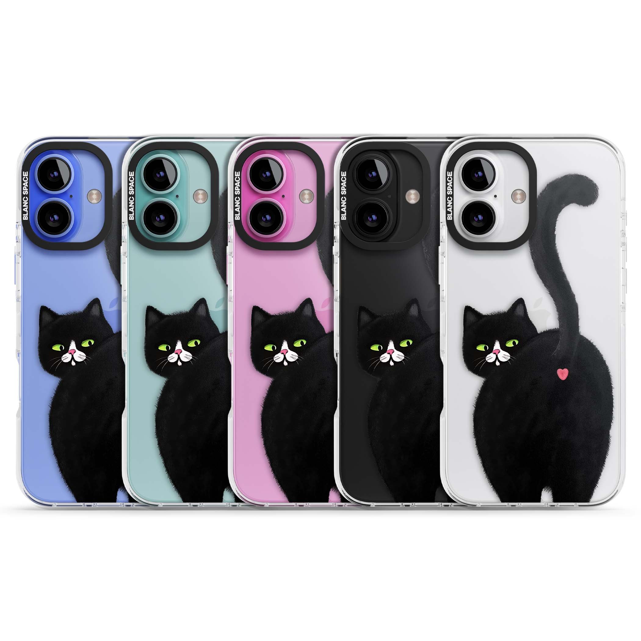 The Cat's Kiss cute cat iPhone case featuring a hand-painted tuxedo kitty with green eyes and a pink heart on a clear | Clear Impact case for iPhone 16, iPhone 16 Plus