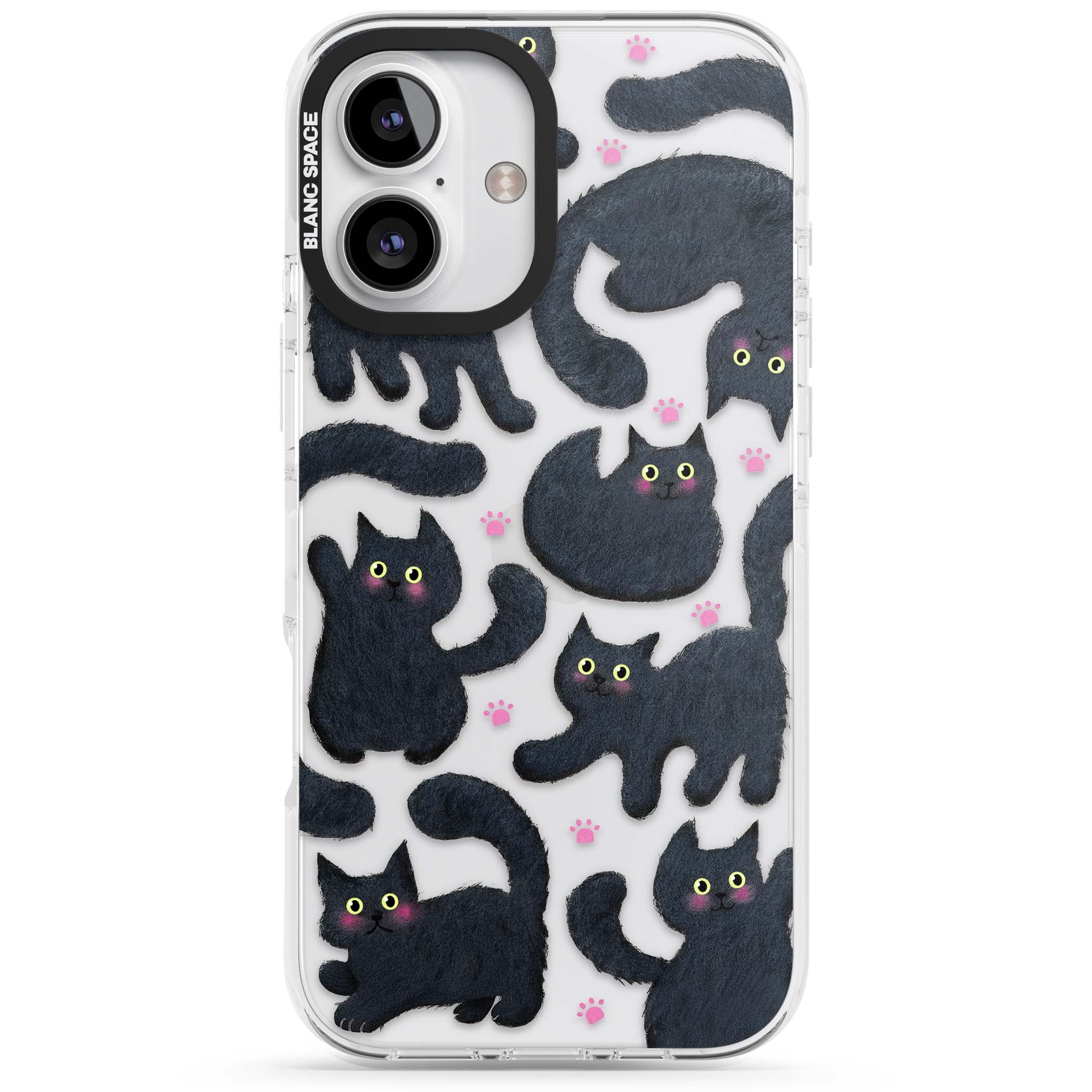 Midnight Cats cute iPhone case featuring black cat pattern with yellow eyes and pink paw prints | Clear Impact case for iPhone 16, iPhone 16 Plus