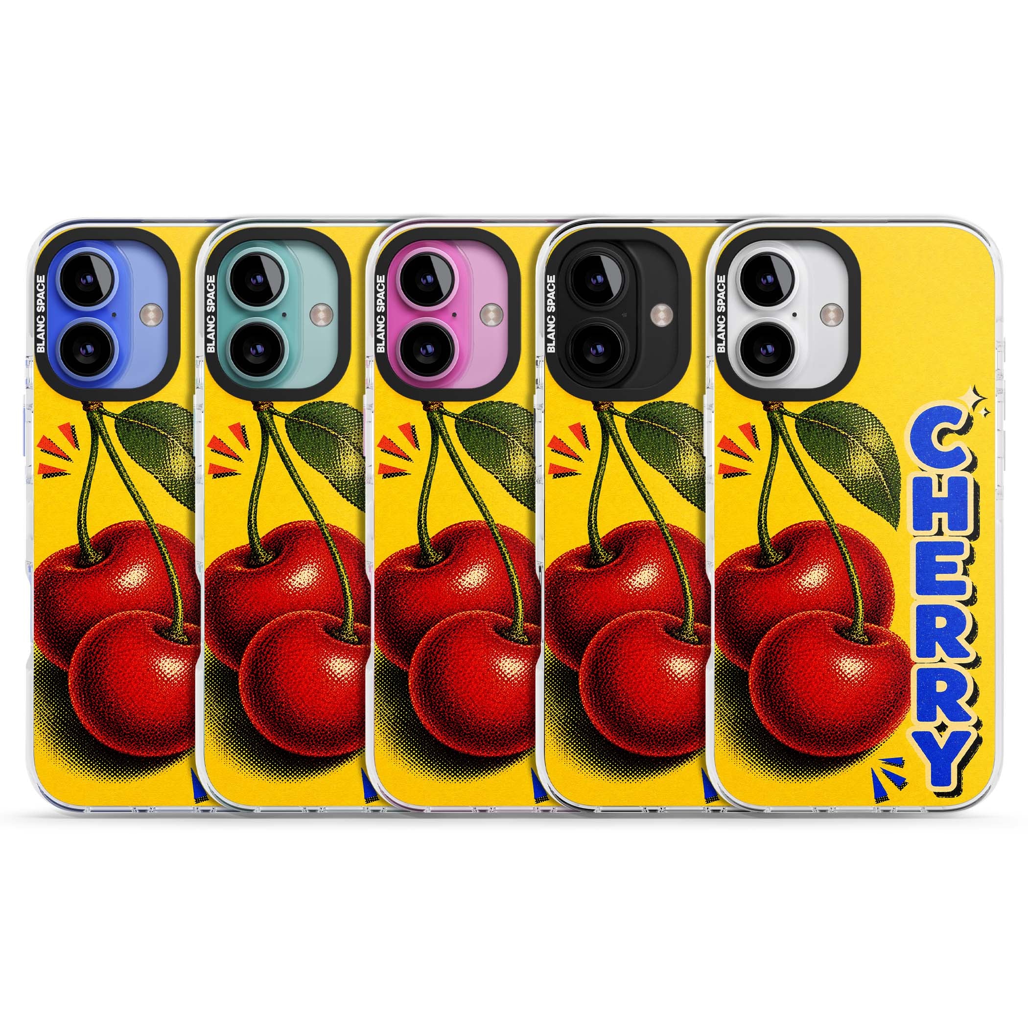 Cherry Yellow y2k iPhone case featuring two red cherries, halftone shading and bold blue CHERRY lettering on yellow | Clear Impact case for iPhone 16, iPhone 16 Plus