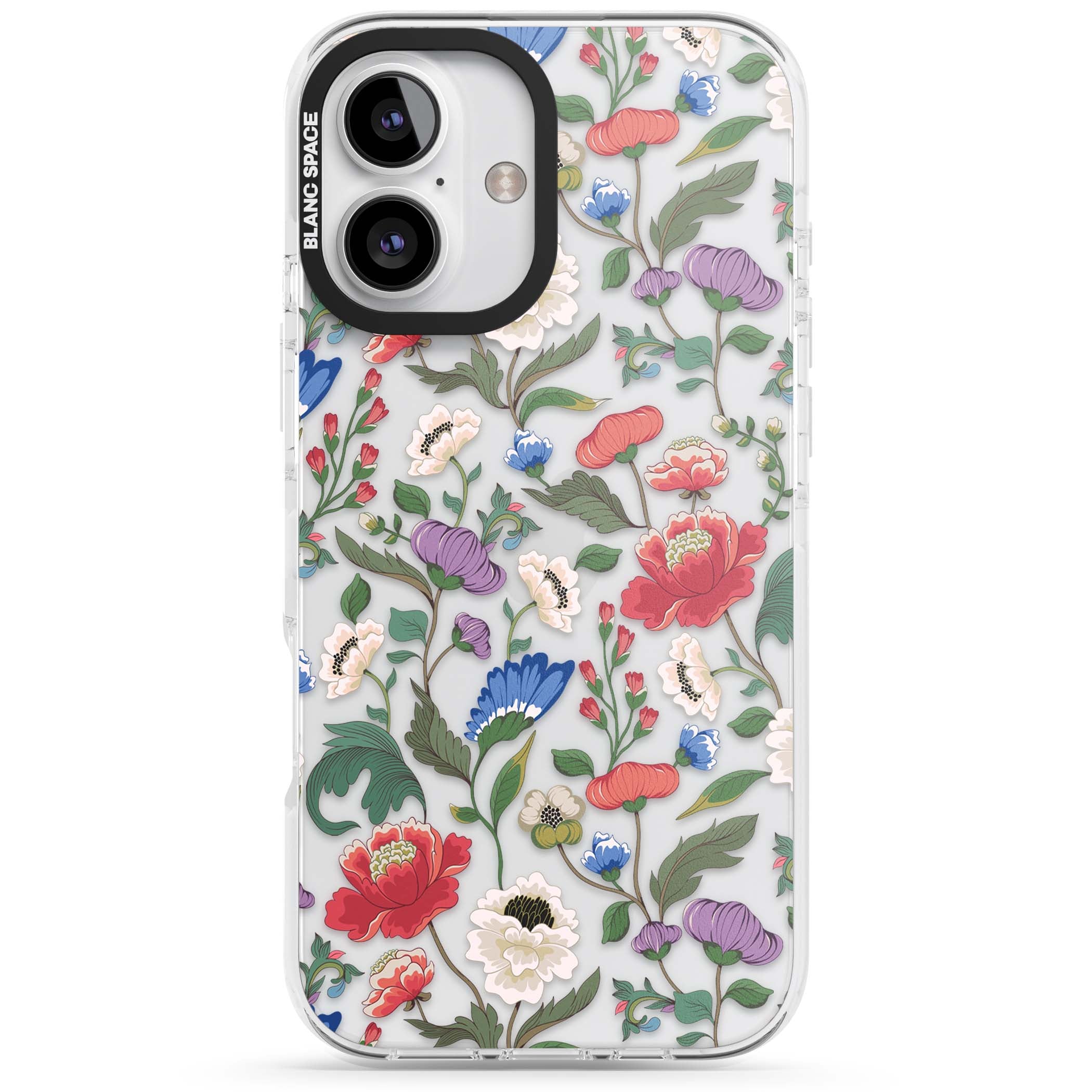 Chinoiserie Bloom vintage floral iPhone case featuring hand-painted peonies, poppies and trailing wildflowers on clear... | Clear Impact case for iPhone 16, iPhone 16 Plus