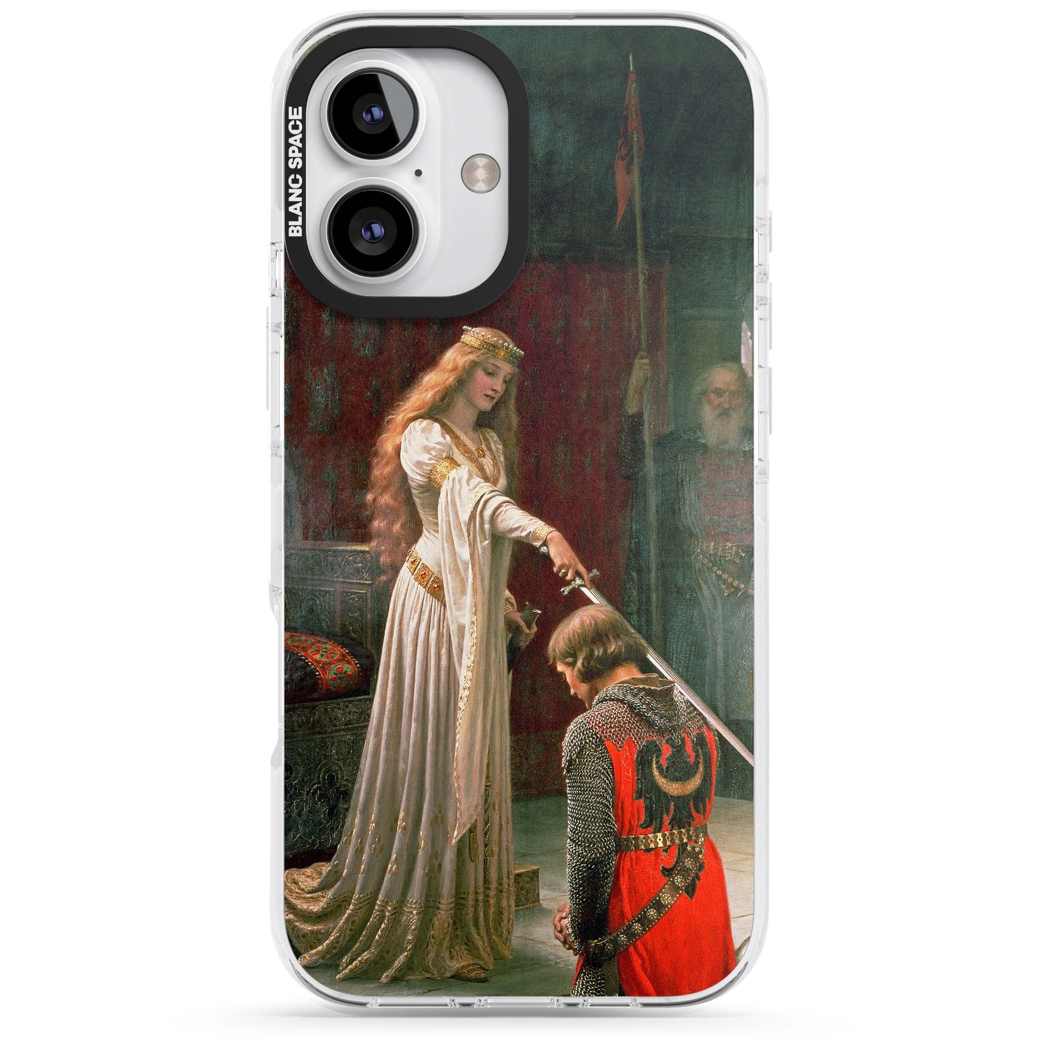 The Accolade renaissance art iPhone case featuring Edmund Blair Leighton's painting of a queen knighting a kneeling knight | Clear Impact case for iPhone 16, iPhone 16 Plus